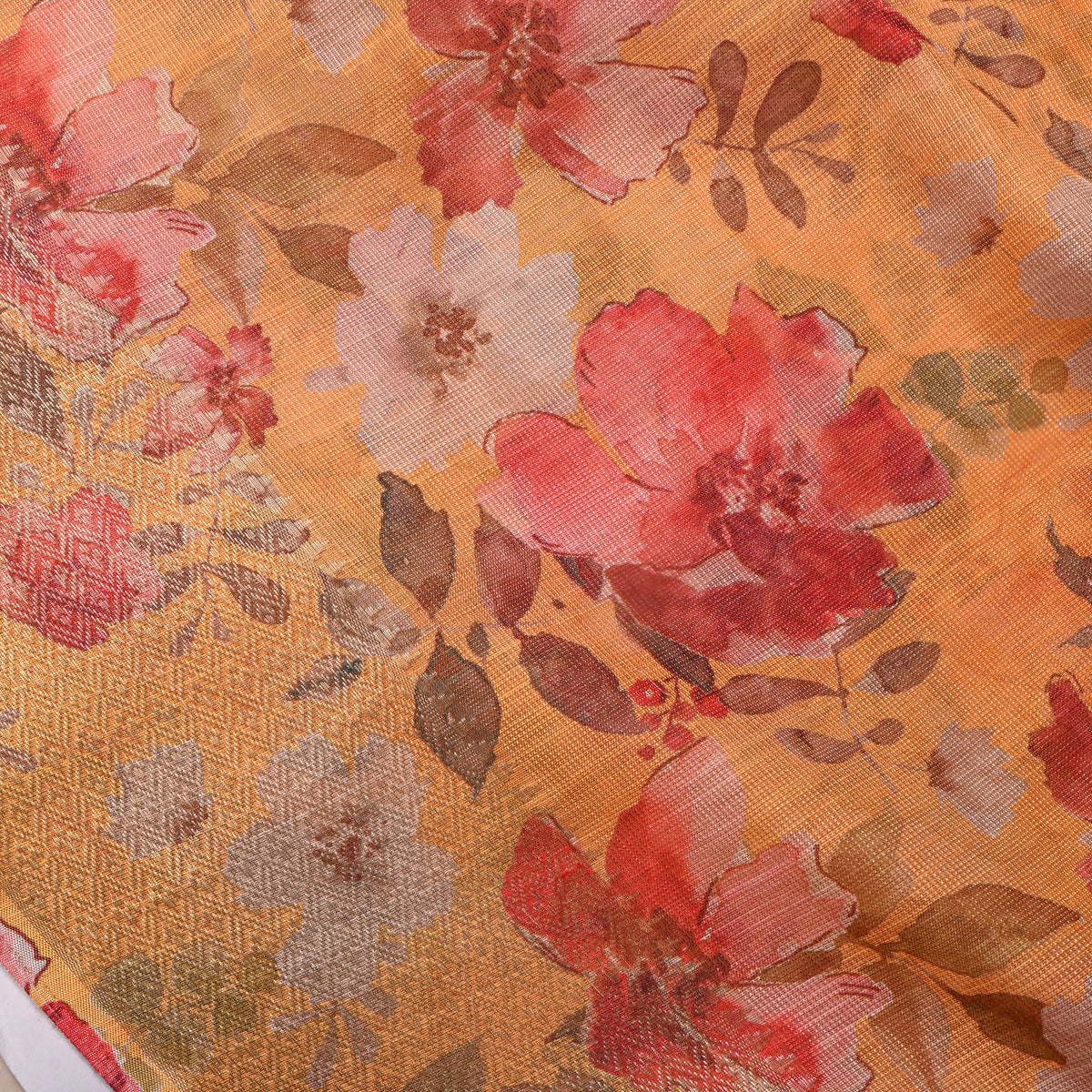 Mustard Yellow Watercolour Floral Tussar Silk Fabric
