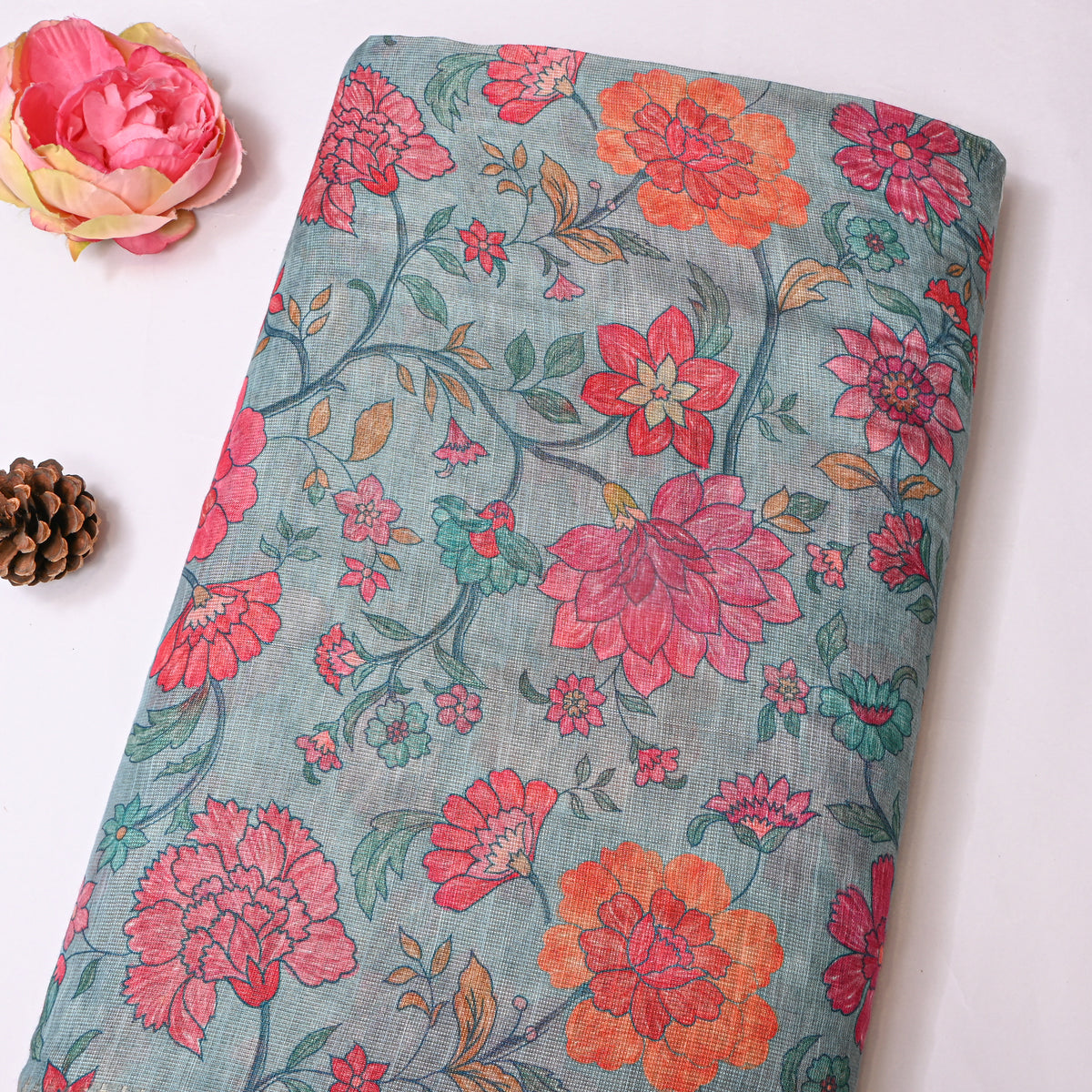Steel Blue Vine Floral Print Tussar Silk Fabric With Zari Border