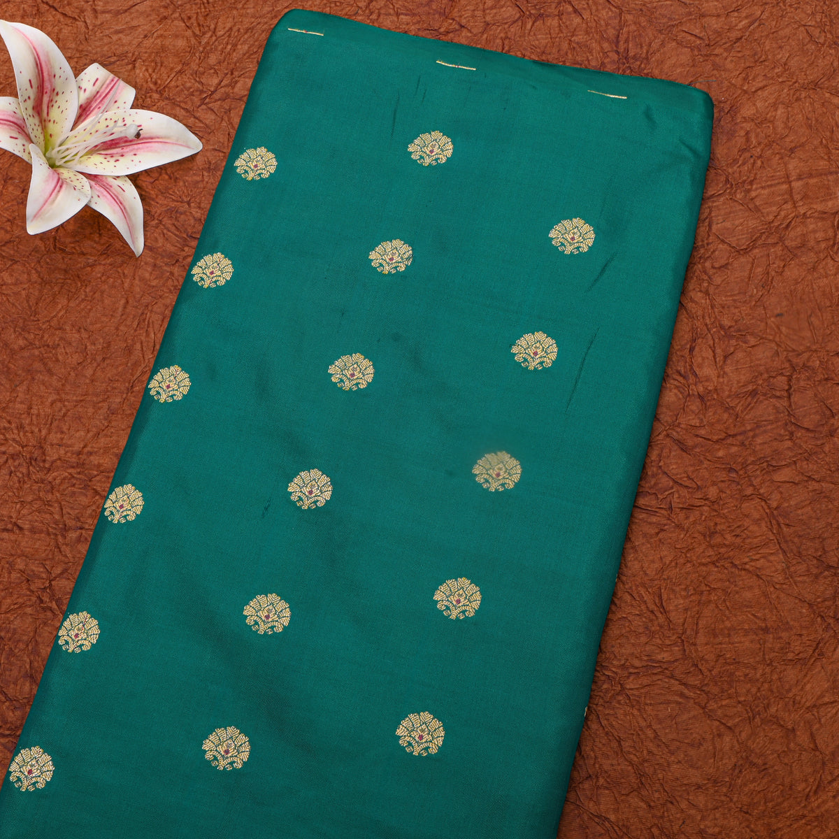 Peacock Green Zari Butti Self Weave Banarasi  Silk Fabric