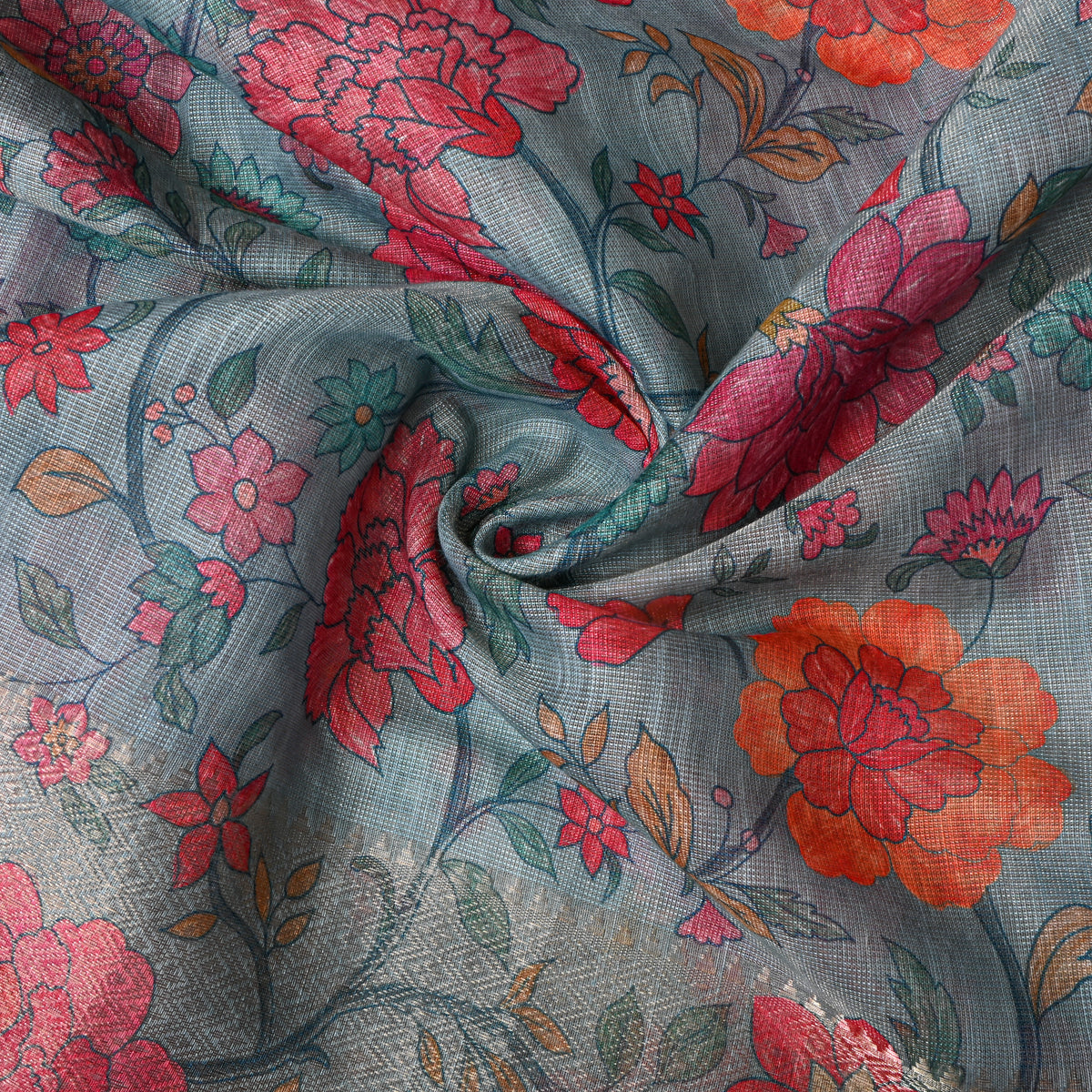 Steel Blue Vine Floral Print Tussar Silk Fabric With Zari Border