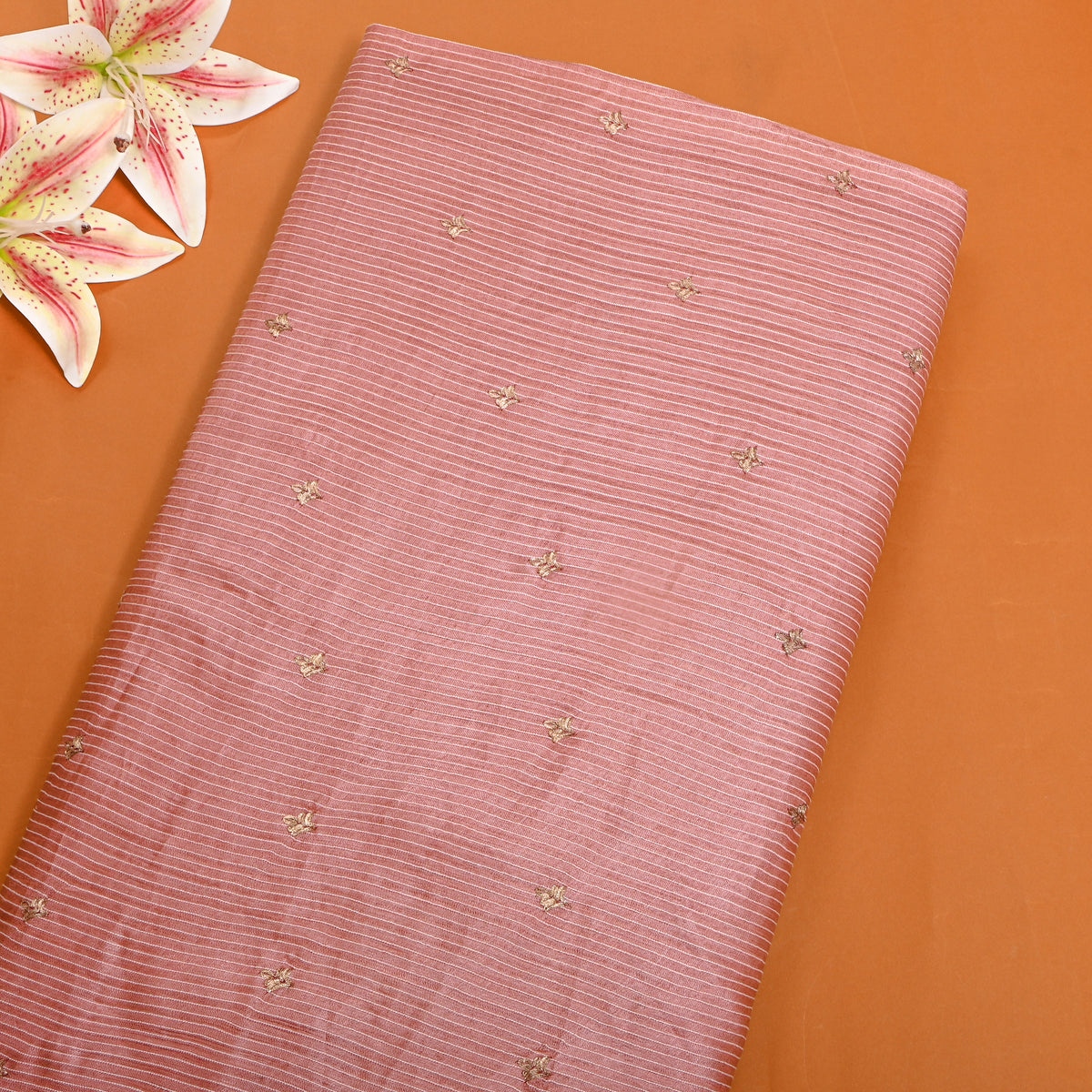 Dull Orange Zari Butti Tussar Fabric