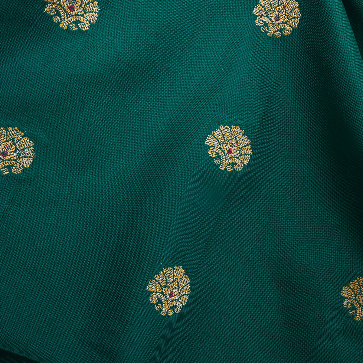 Peacock Green Zari Butti Self Weave Banarasi  Silk Fabric