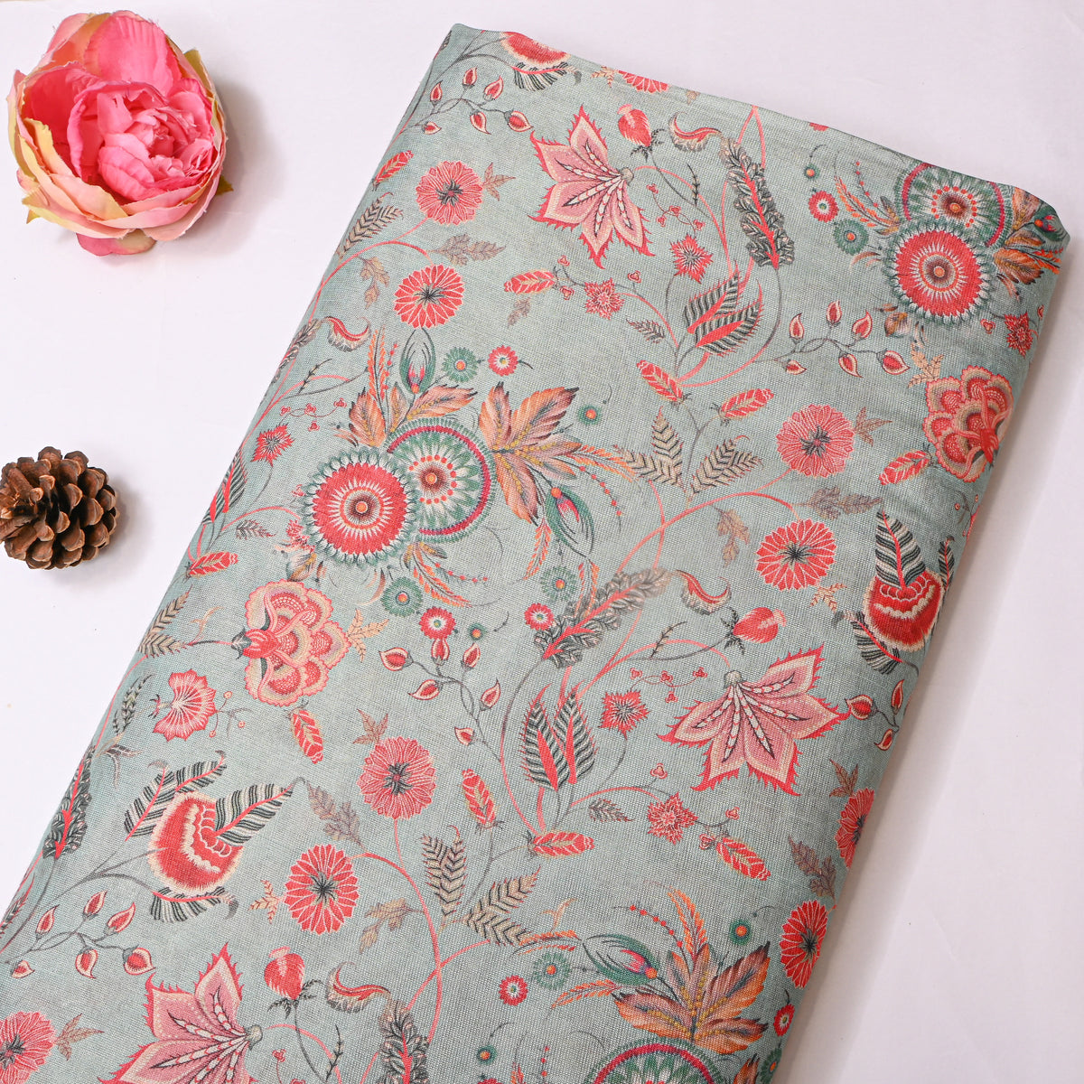 Sage Green Red Floral Print Tissue Fabric