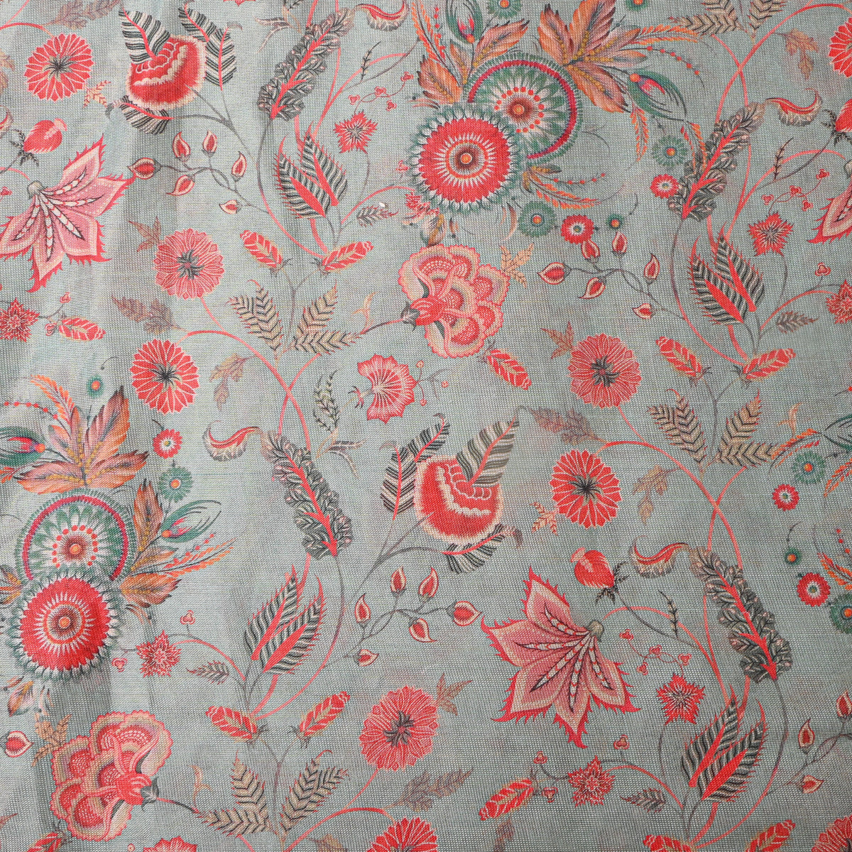 Sage Green Red Floral Print Tissue Fabric