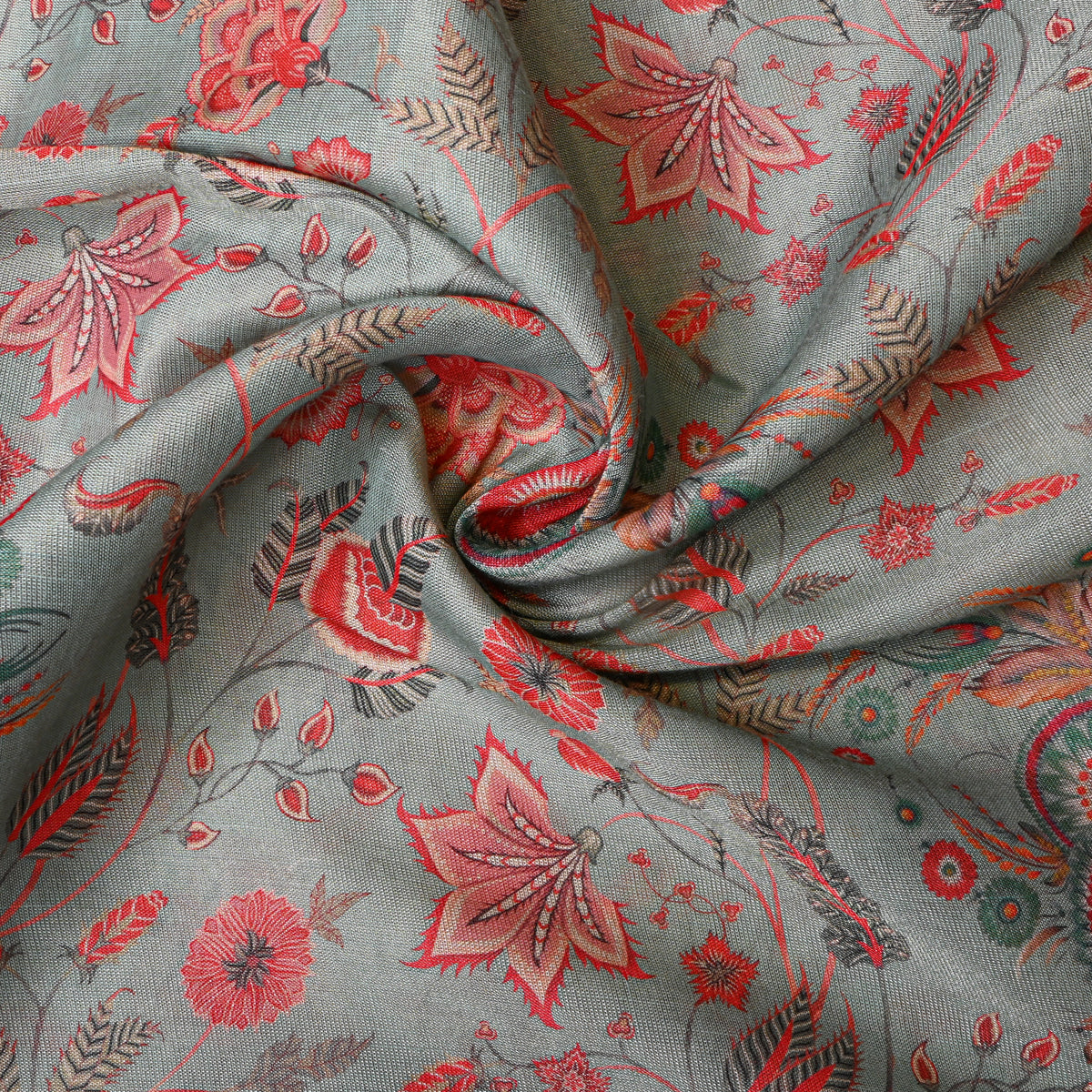 Sage Green Red Floral Print Tissue Fabric