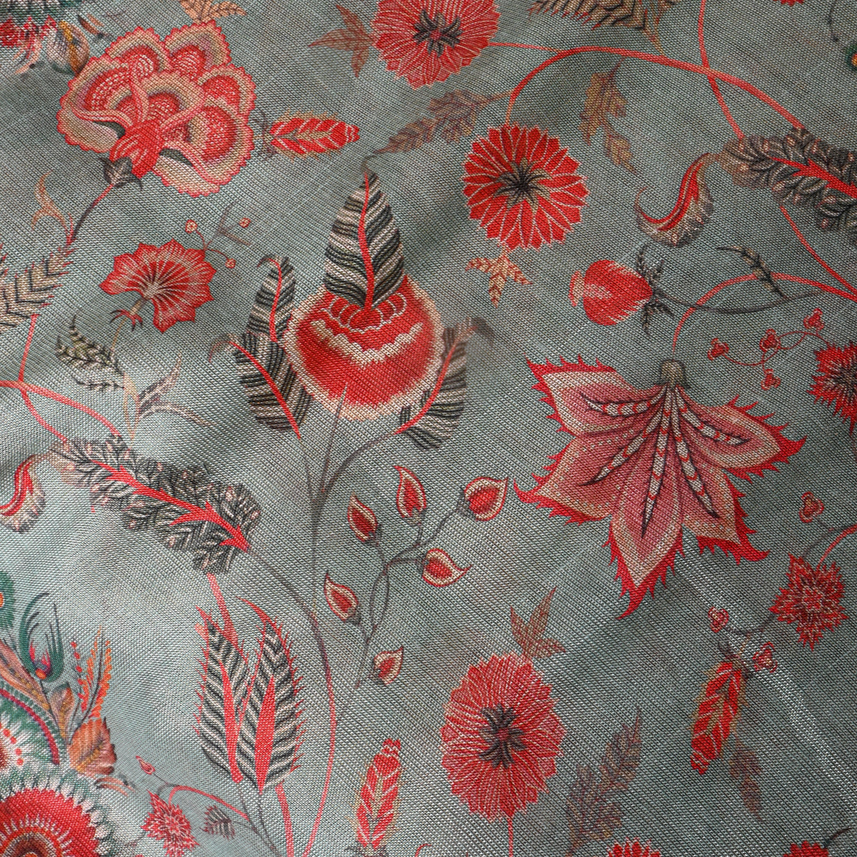 Sage Green Red Floral Print Tissue Fabric