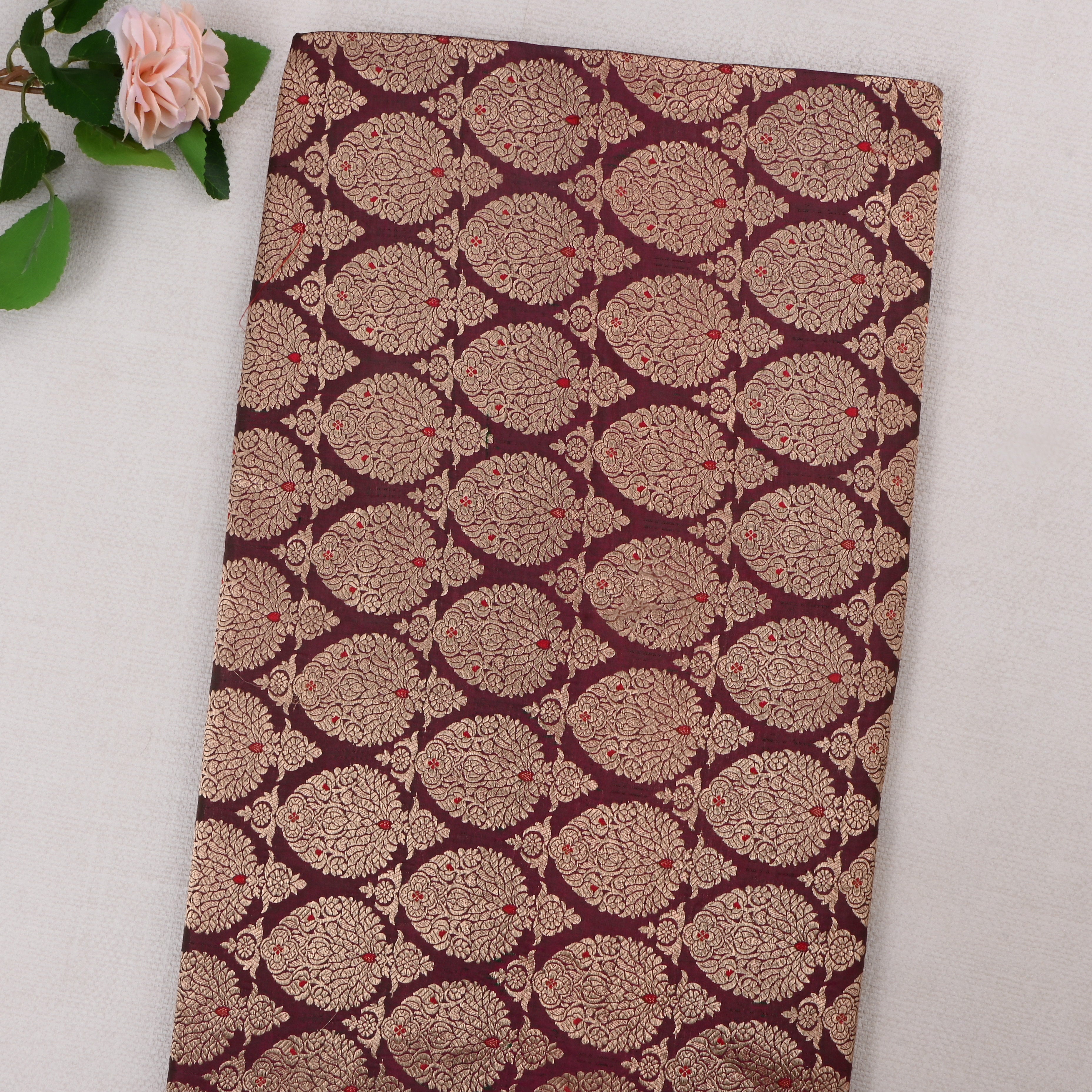 Chestnut Brown Jamawar Silk Fabric With Woven Patterns