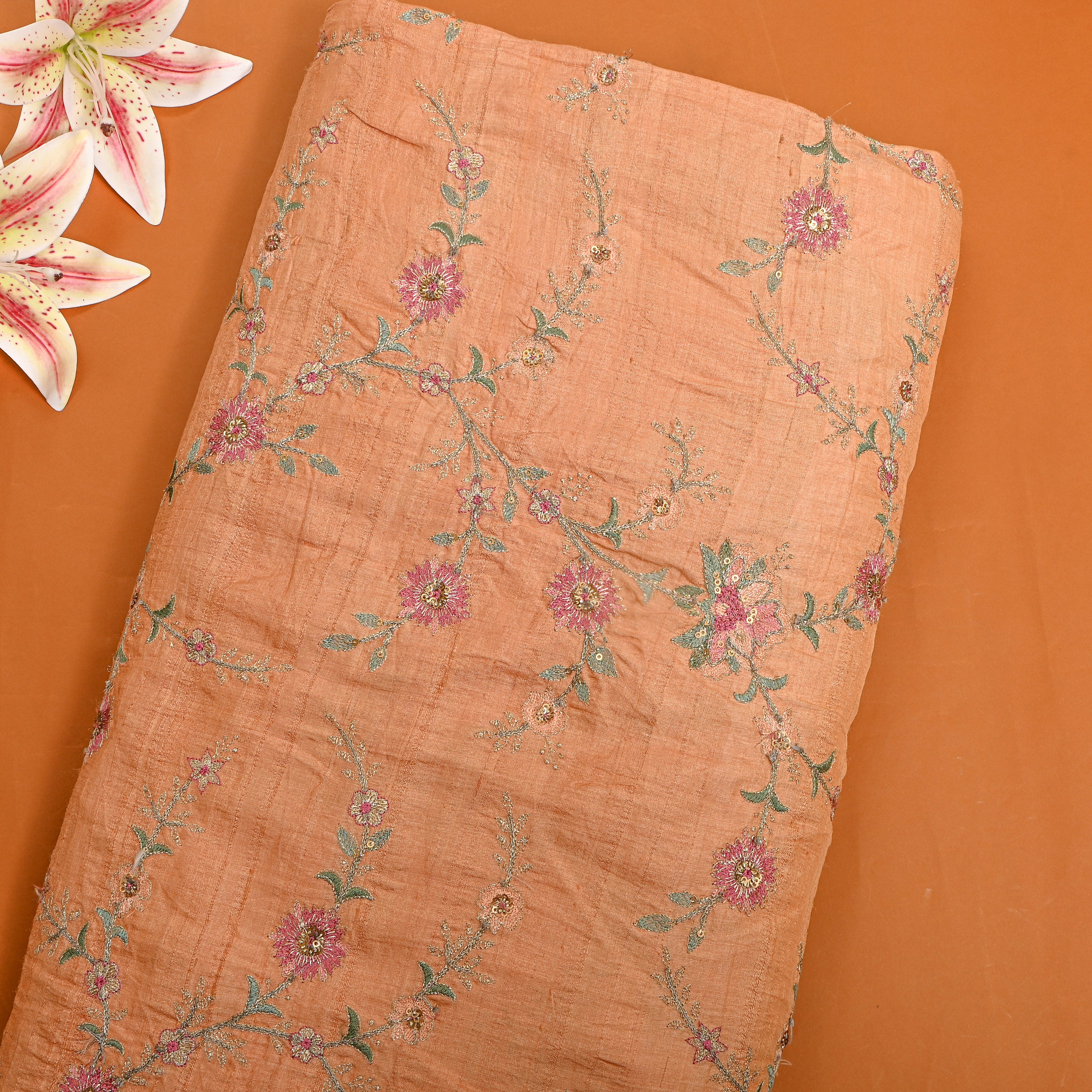 Light Orange Embroidered Tussar Fabric