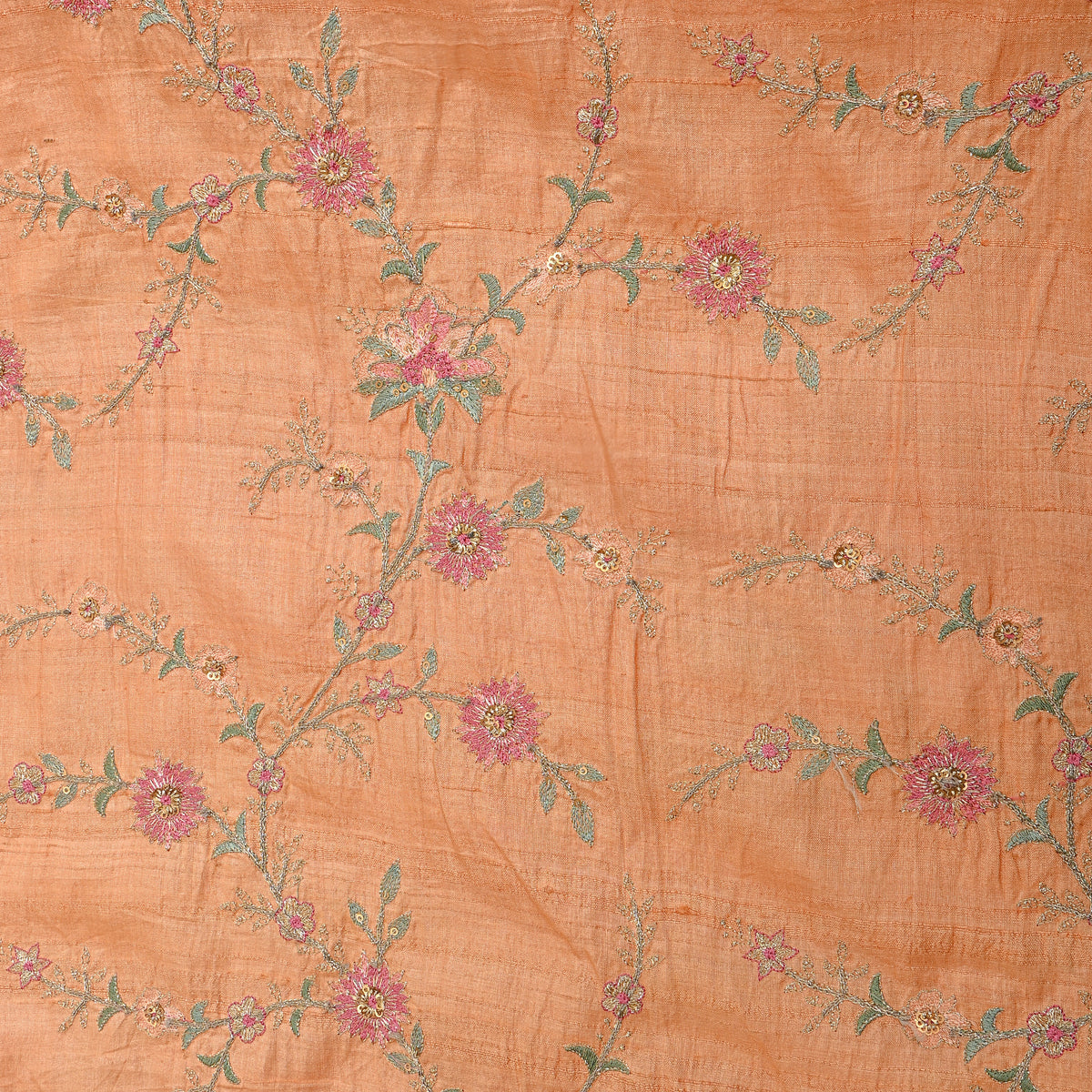 Light Orange Embroidered Tussar Fabric