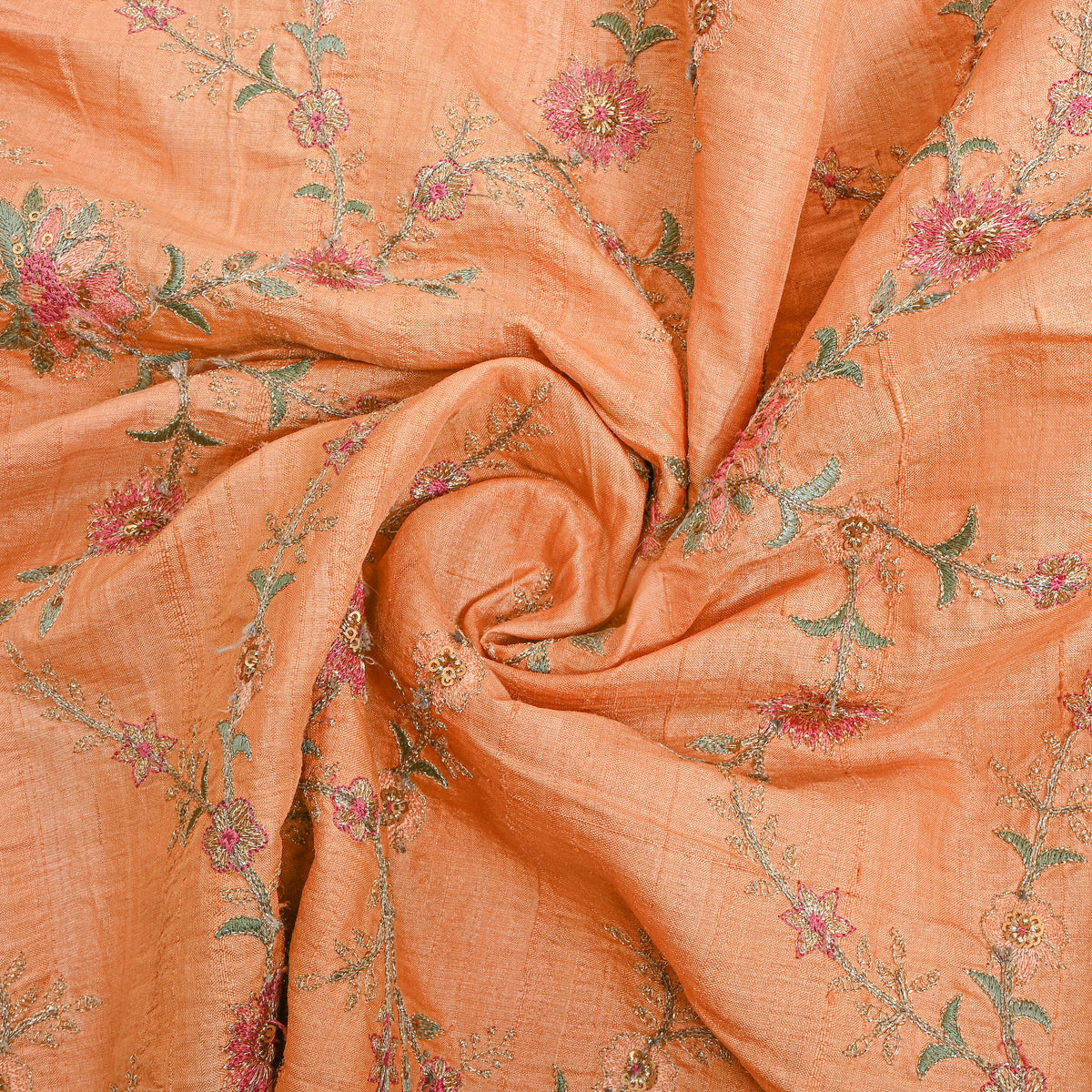 Light Orange Embroidered Tussar Fabric