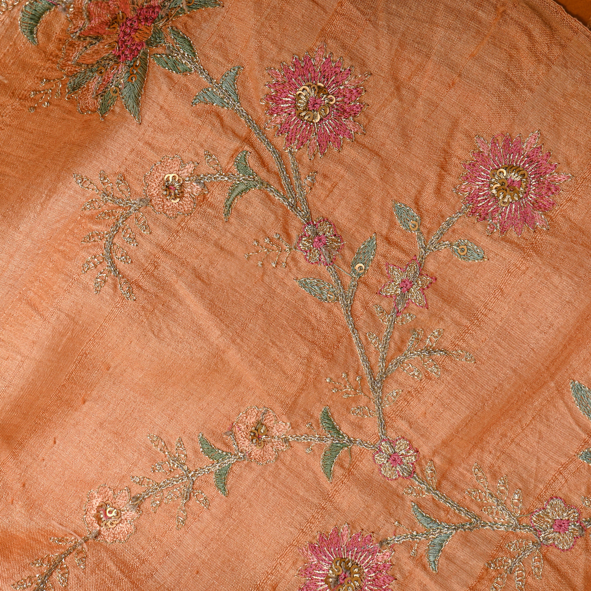 Light Orange Embroidered Tussar Fabric