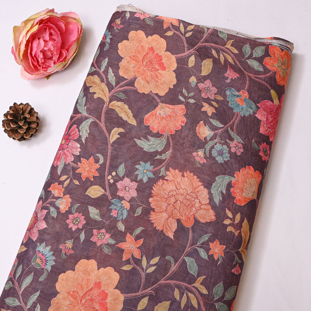 Plum Purple Garden Floral Print Tissue Fabric