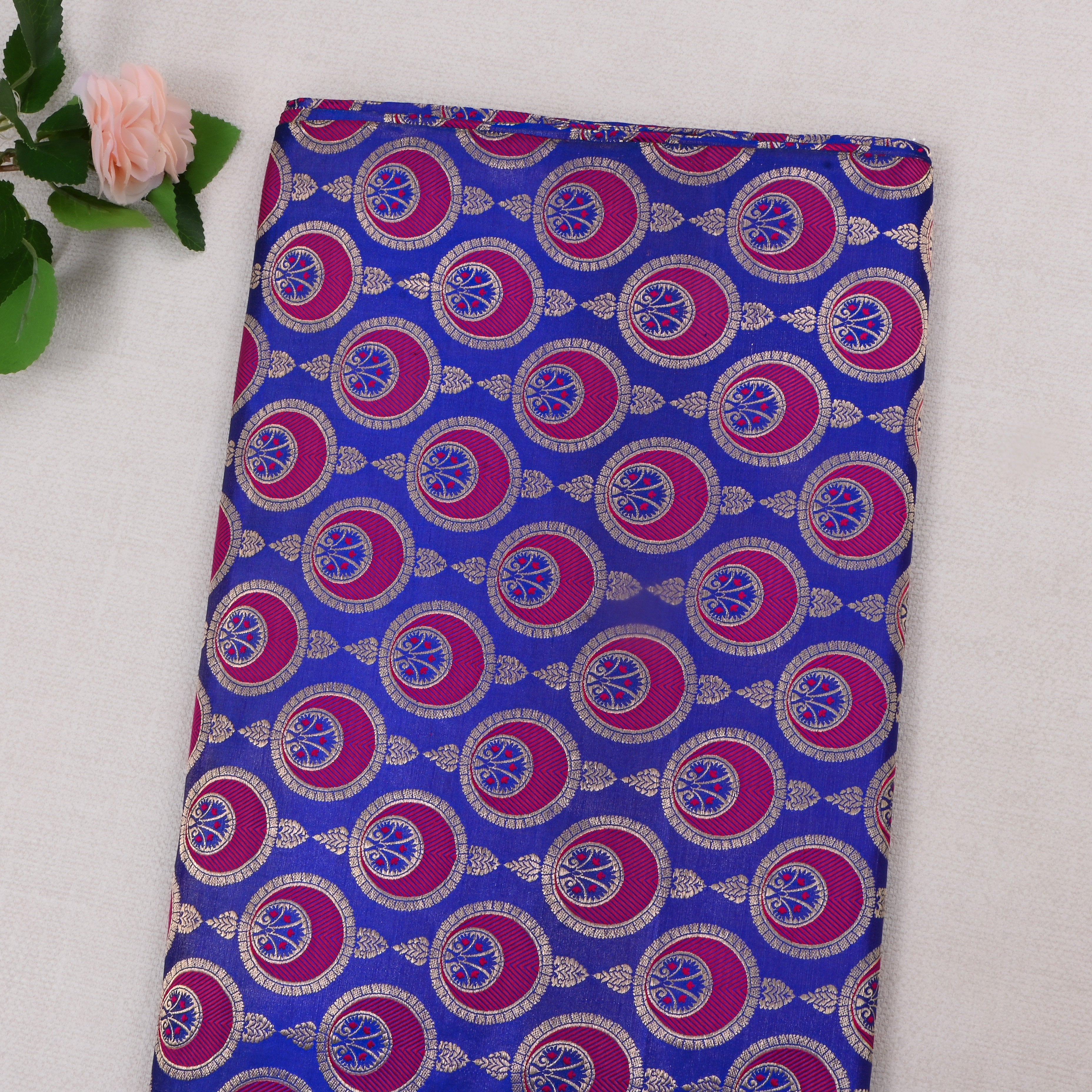 Cobalt Blue Jamawar Satin Fabric With Geometrical Motifs