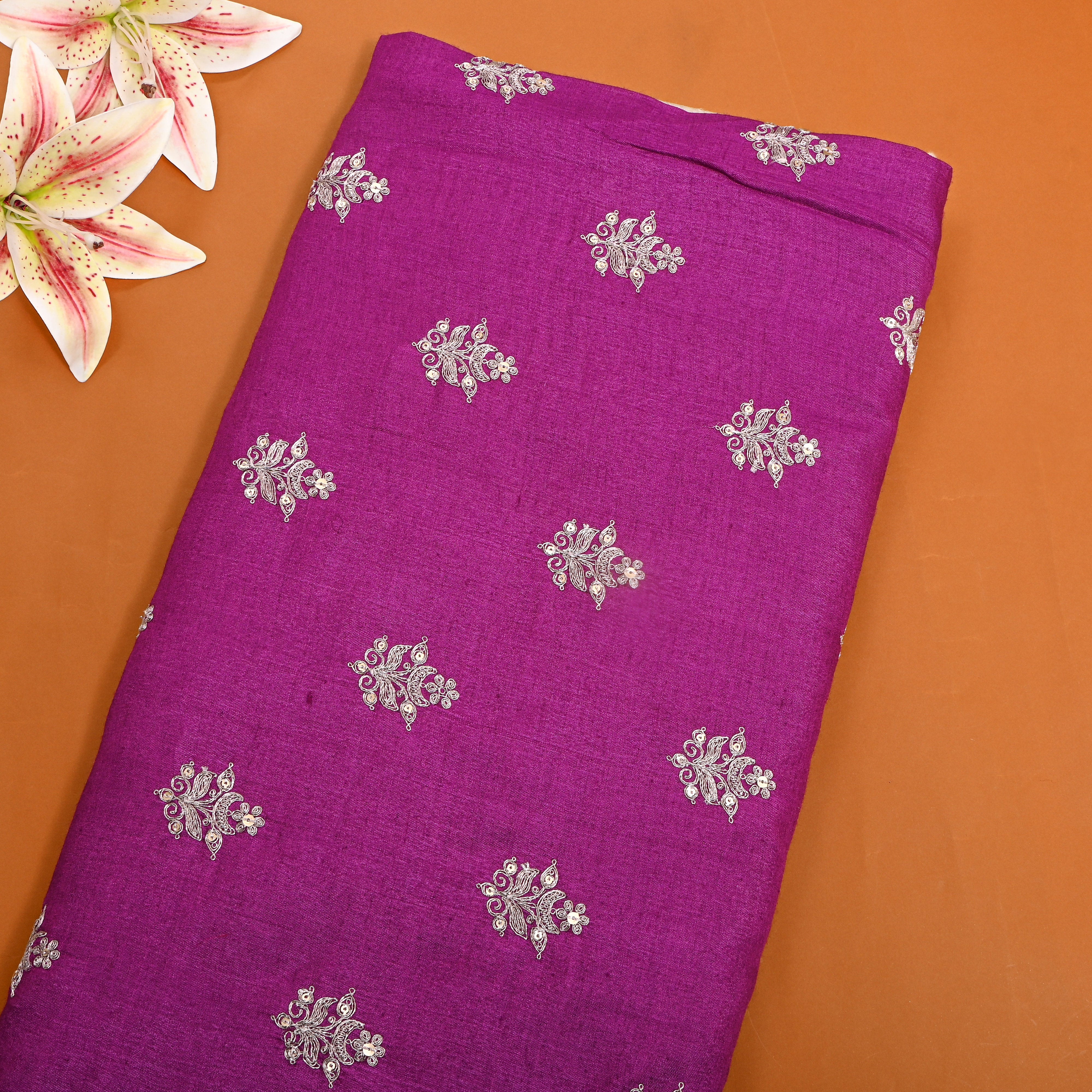 Purple Zari Butti Embroidered Munga Tussar