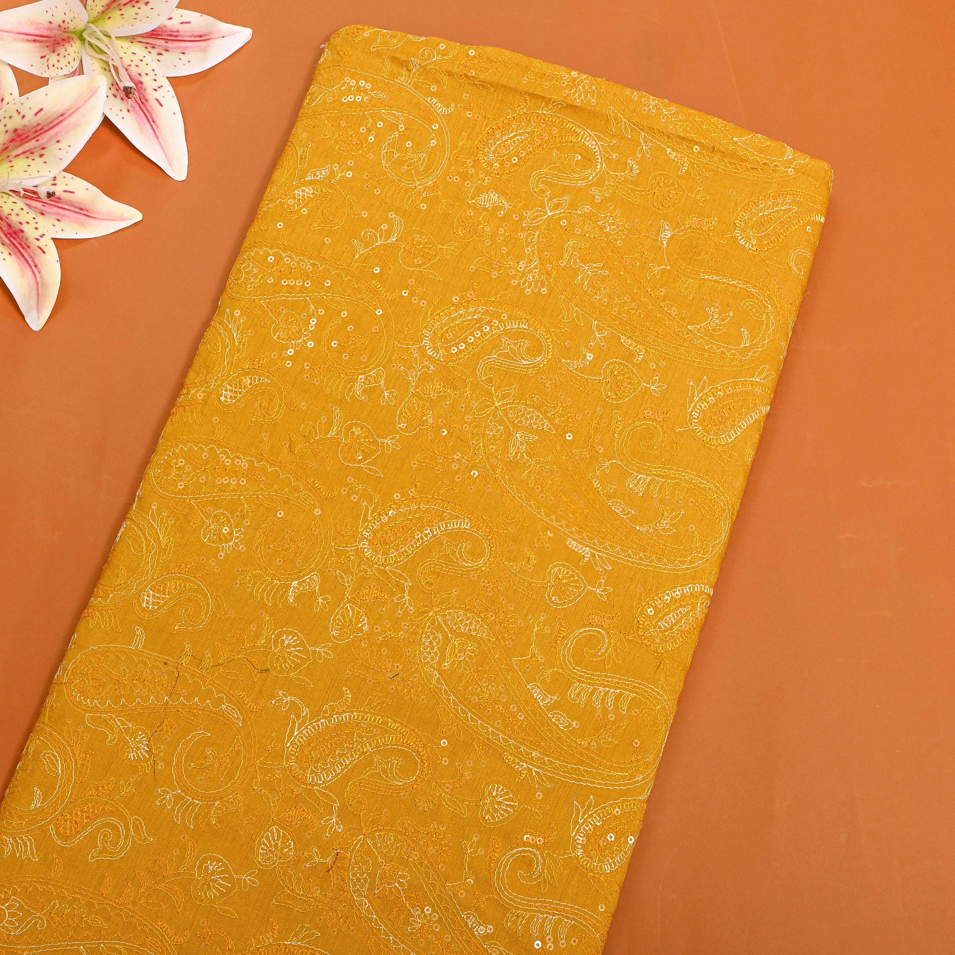 Yellow Tussar With Paisley Thread Work