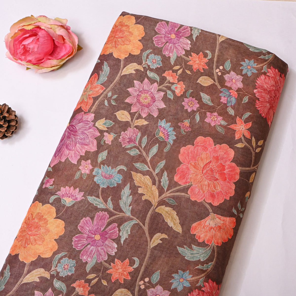 Coffee Brown Floral Vine Print Tissue Fabric