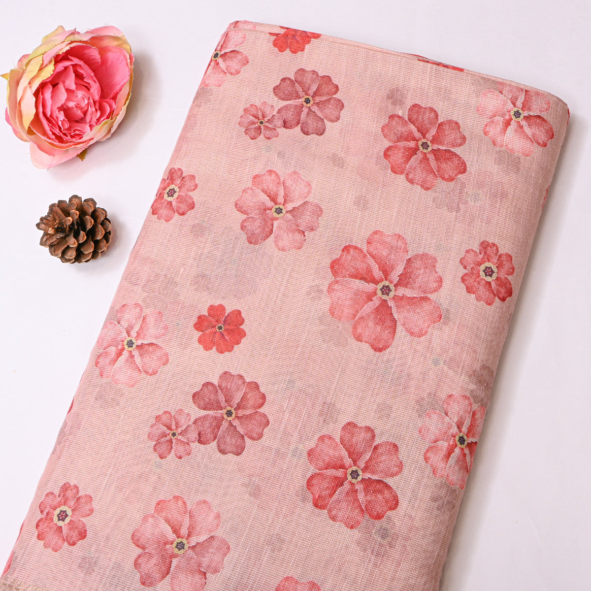 Rose Pink Five Petal Floral Print Tussar Silk Fabric With Gold Zari Border