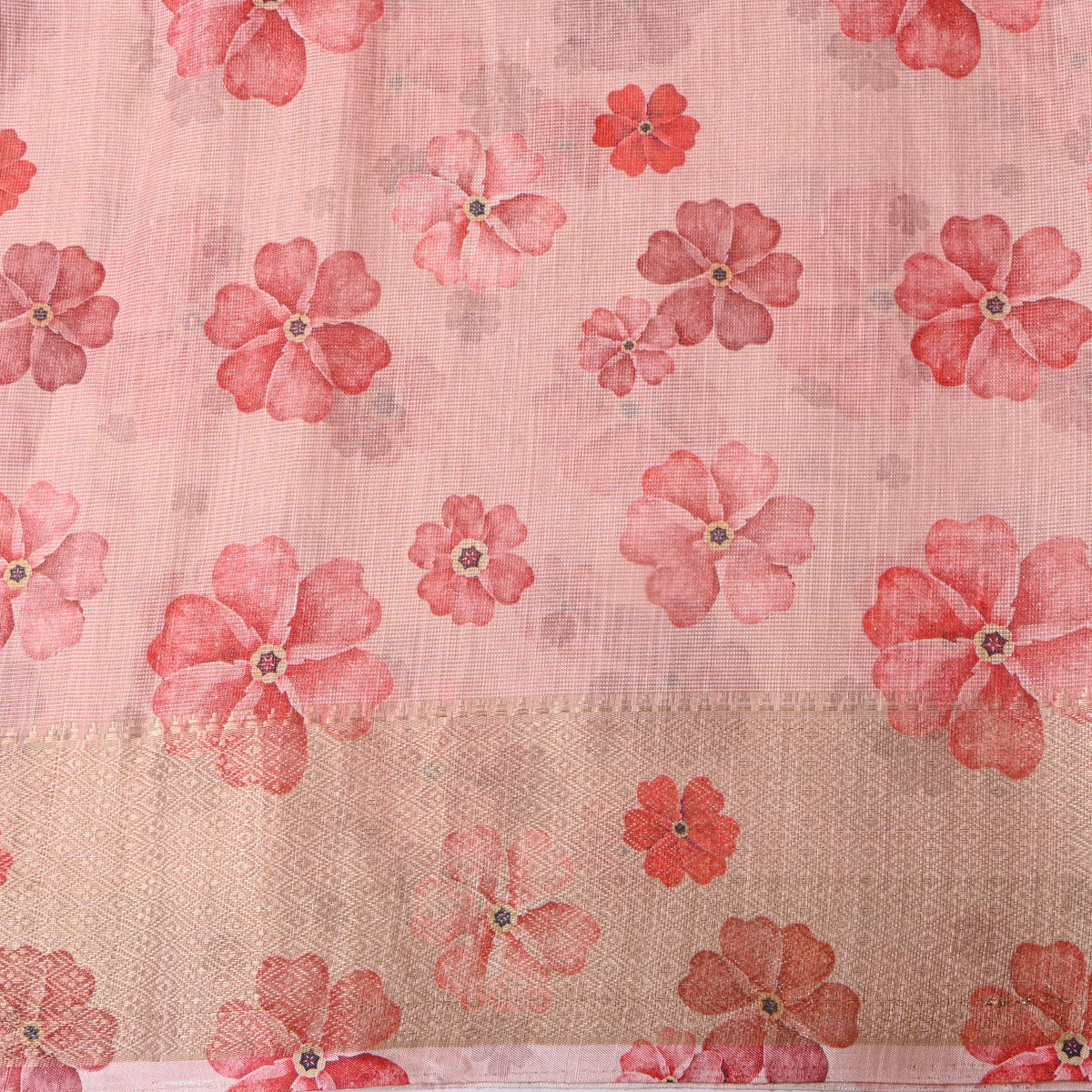 Rose Pink Five Petal Floral Print Tussar Silk Fabric With Gold Zari Border