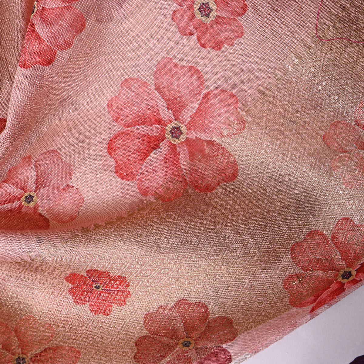 Rose Pink Five Petal Floral Print Tussar Silk Fabric With Gold Zari Border