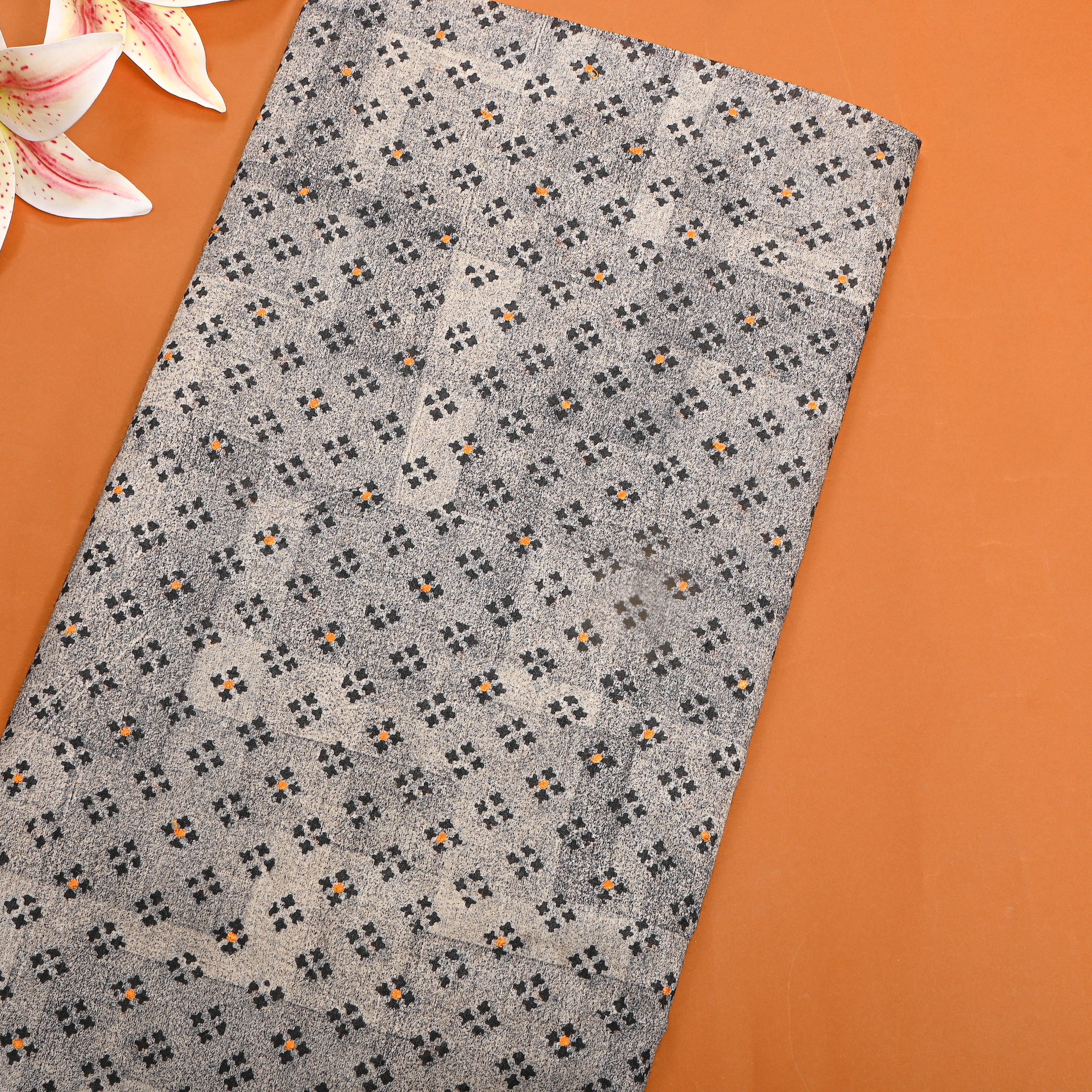 Rock Gray Printed Tussar Silk Fabric