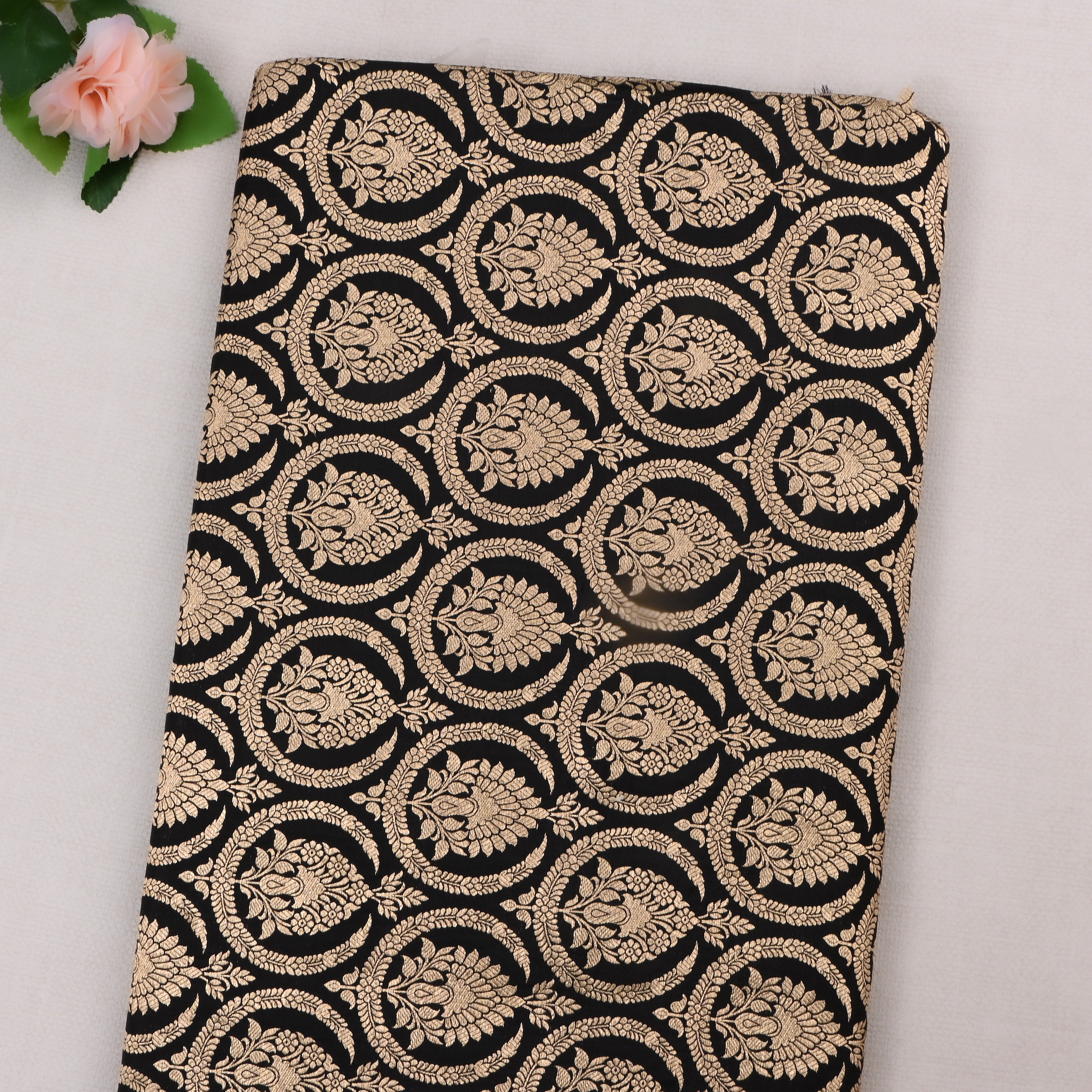 Jute Black Jamawar Silk Fabric With Geometrical Figures