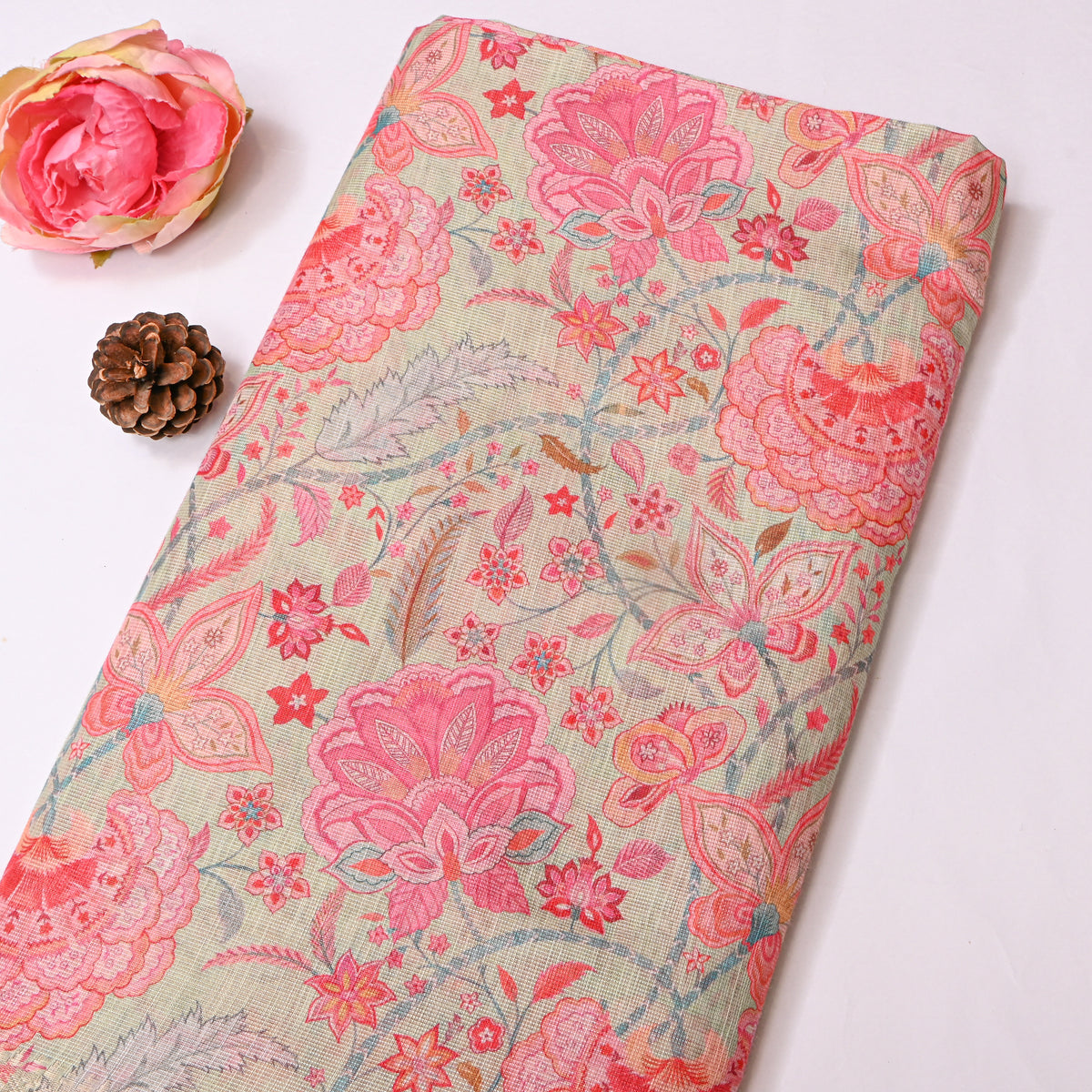 Sage Green Floral Print Gold Zari Border Tussar Silk Fabric