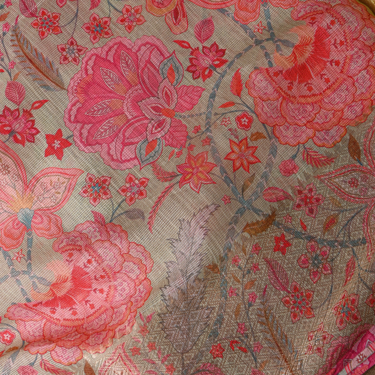 Sage Green Floral Print Gold Zari Border Tussar Silk Fabric