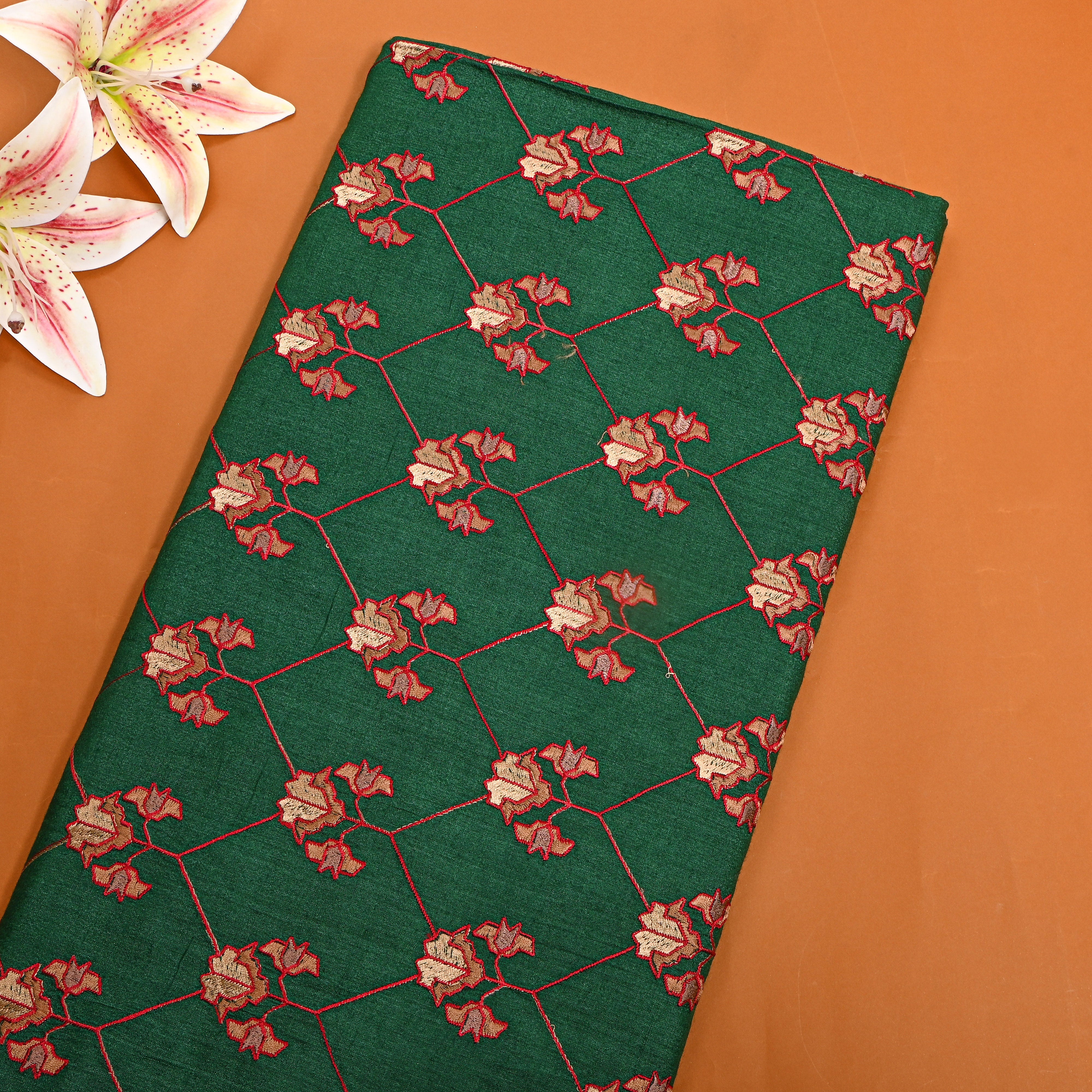 Emerald Green Geometric Pattern Embroidery Tussar Fabric