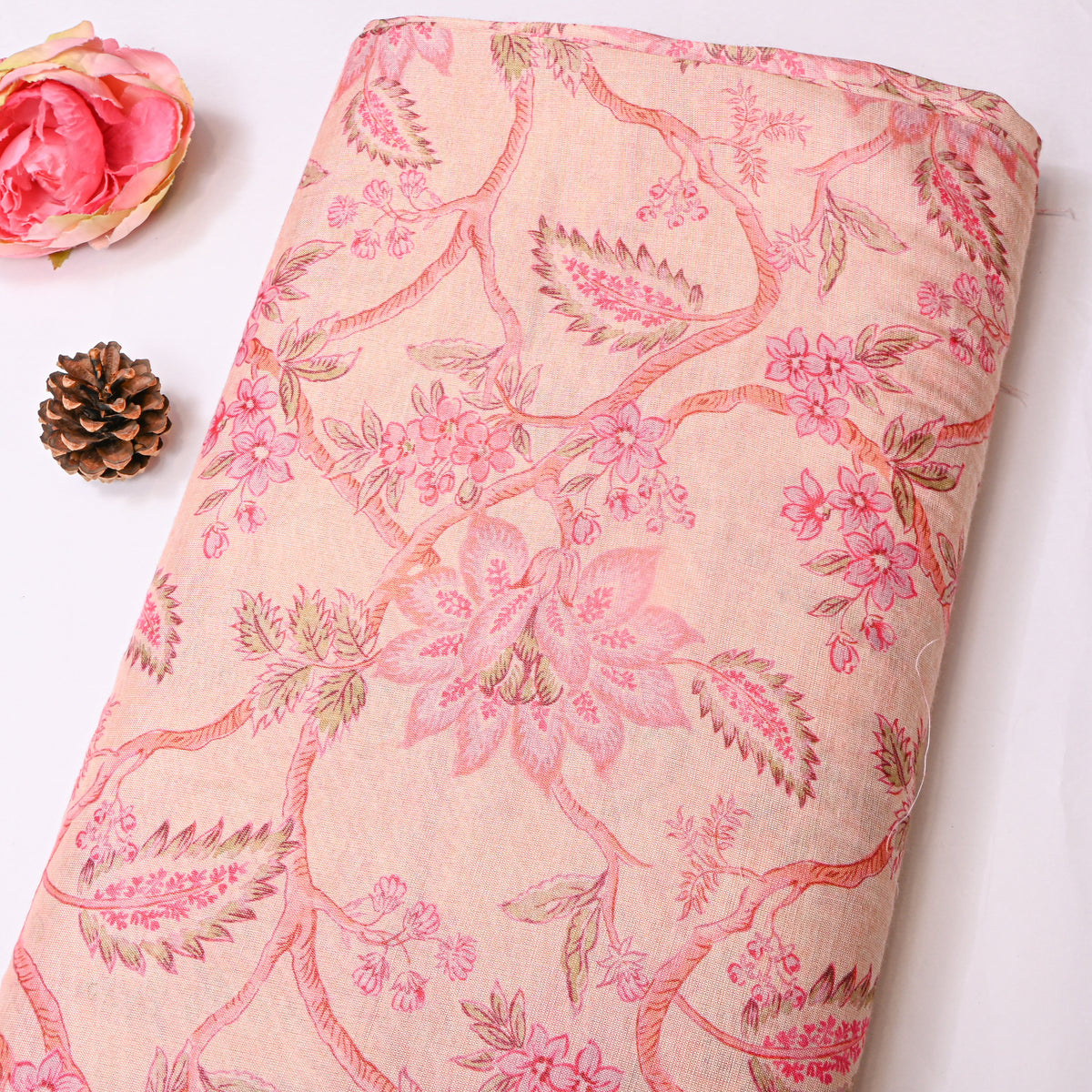Apricot Peach Floral Vine Print Tissue Fabric