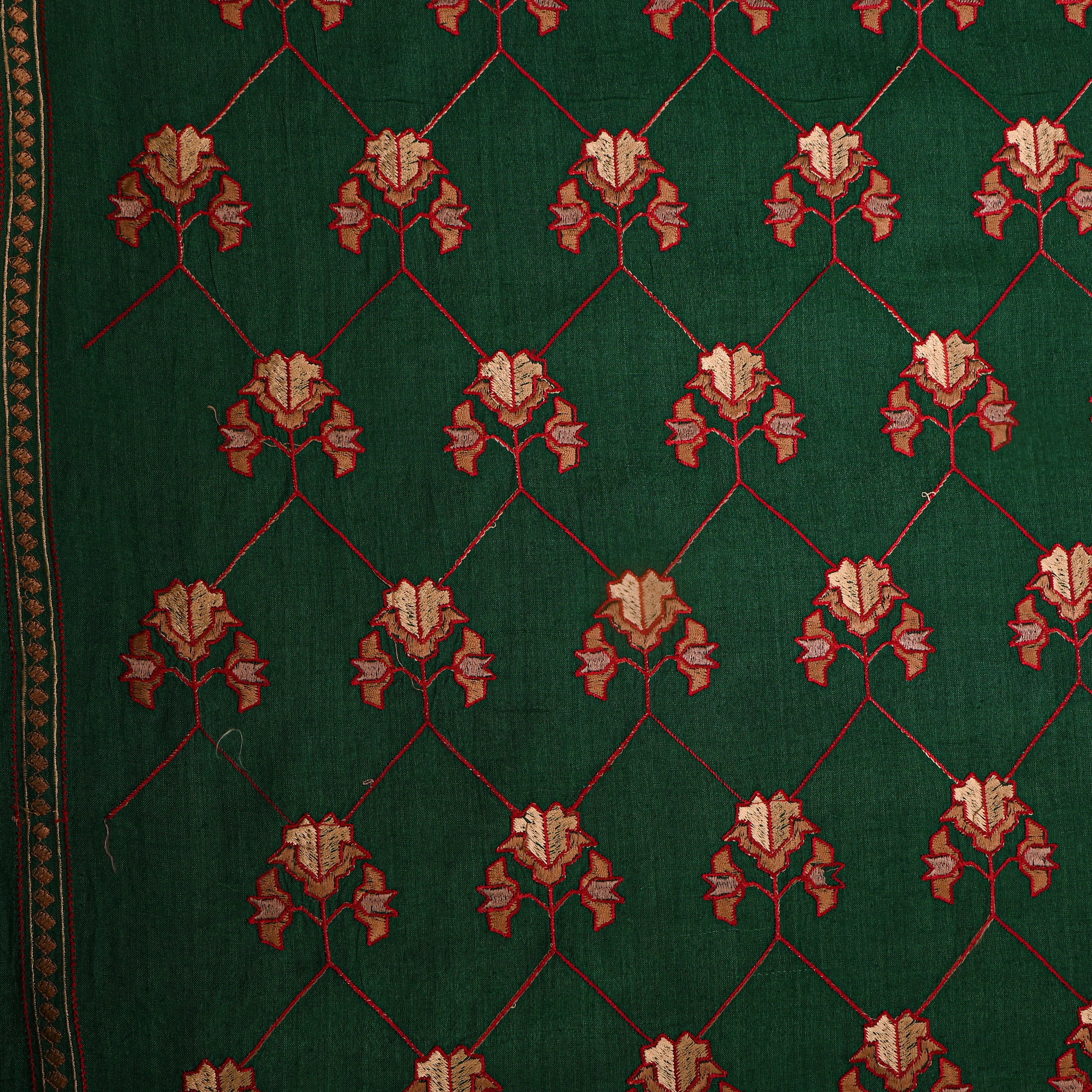 Emerald Green Geometric Pattern Embroidery Tussar Fabric