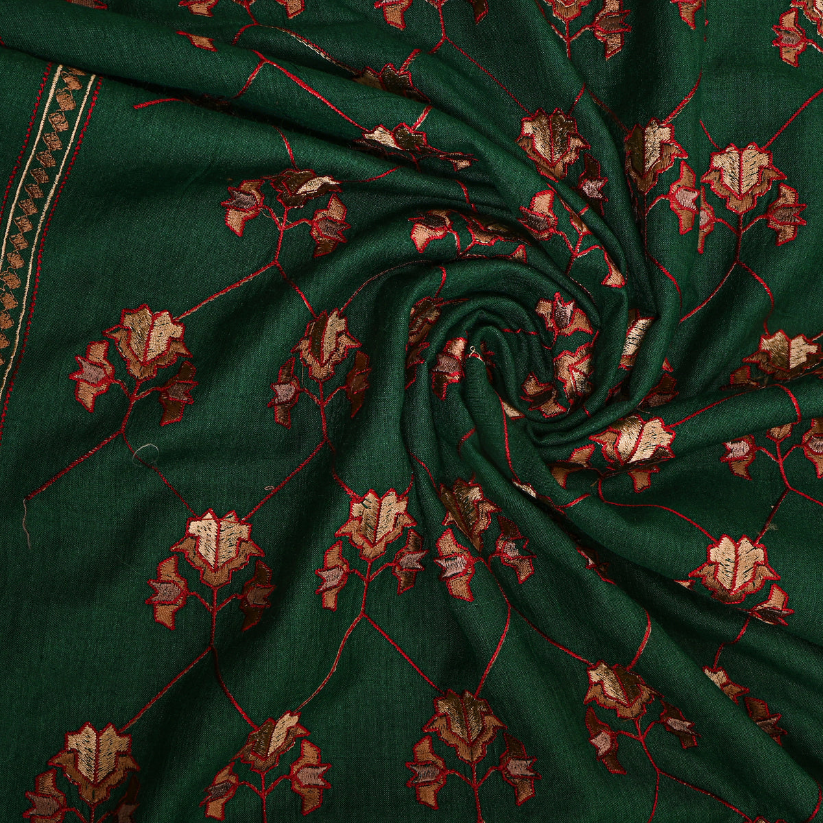 Emerald Green Geometric Pattern Embroidery Tussar Fabric