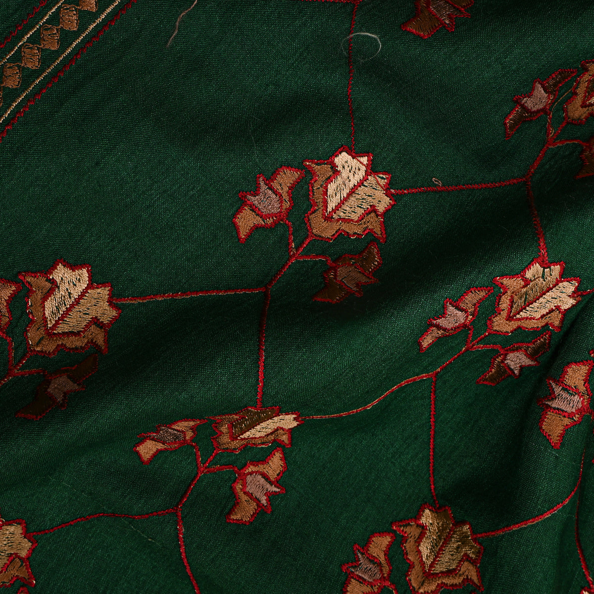 Emerald Green Geometric Pattern Embroidery Tussar Fabric