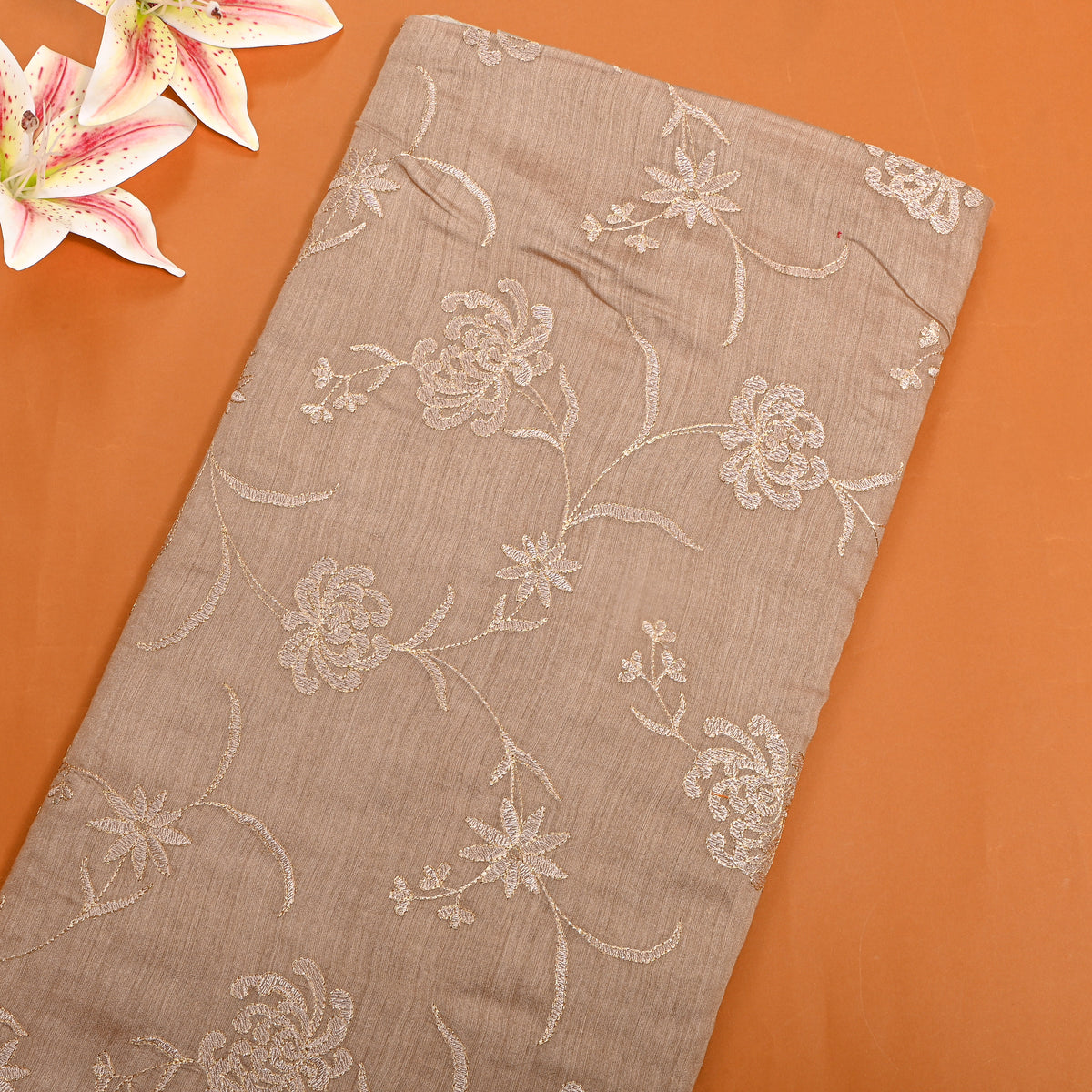 Beige Golden Floral Thread Work Munga Tussar Fabric