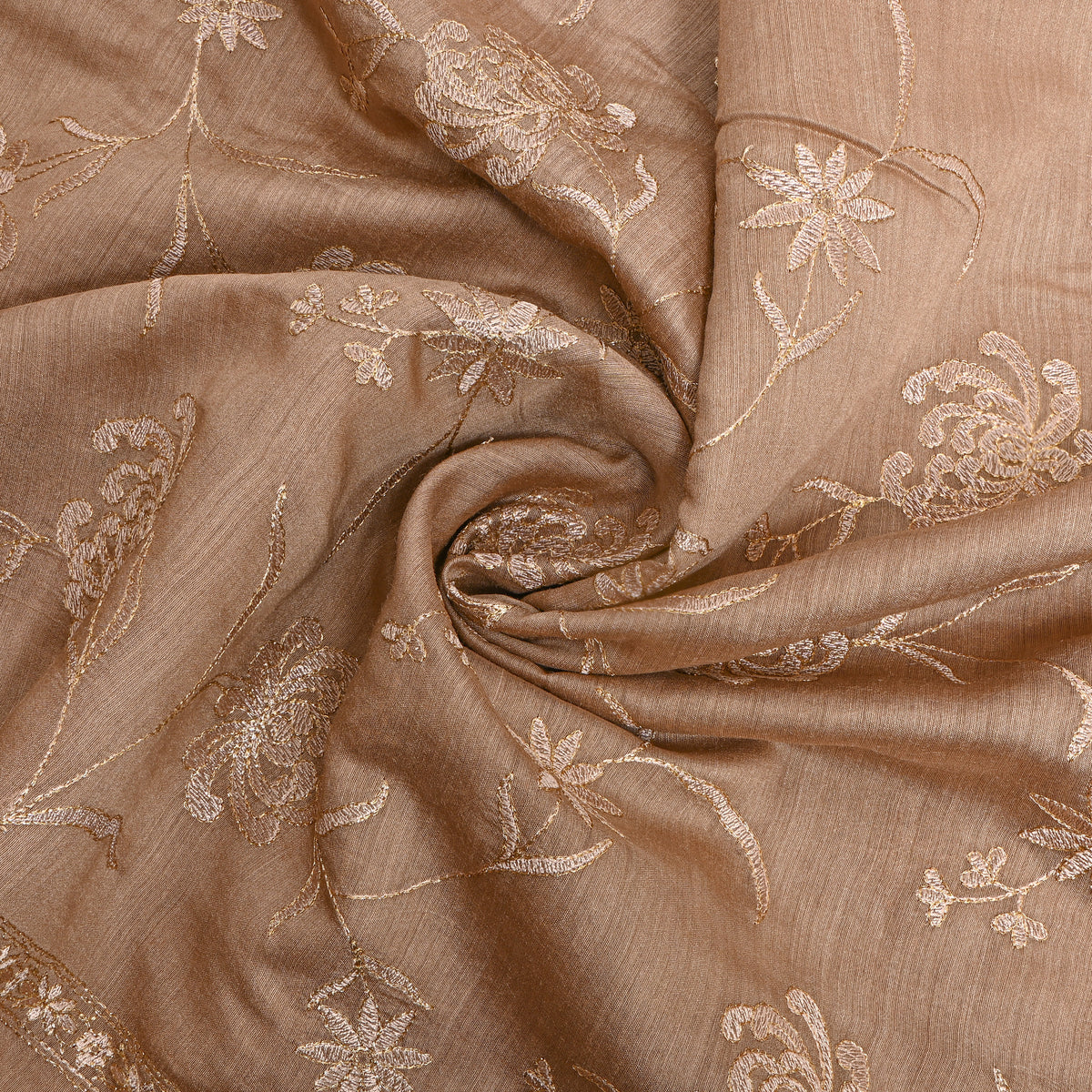 Beige Golden Floral Thread Work Munga Tussar Fabric