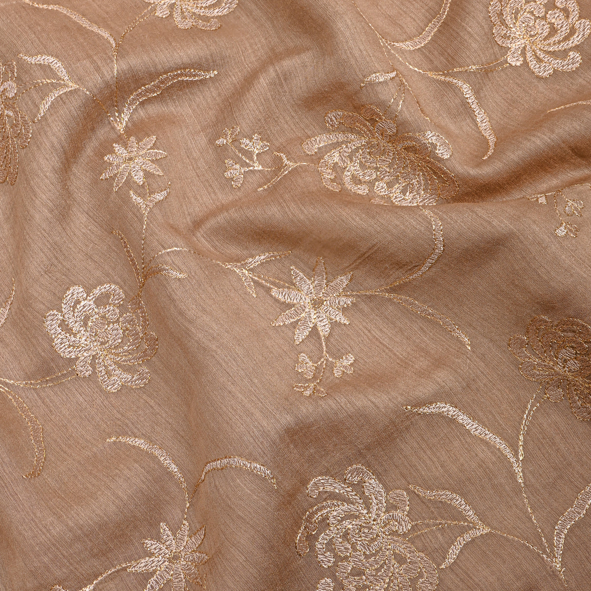 Beige Golden Floral Thread Work Munga Tussar Fabric