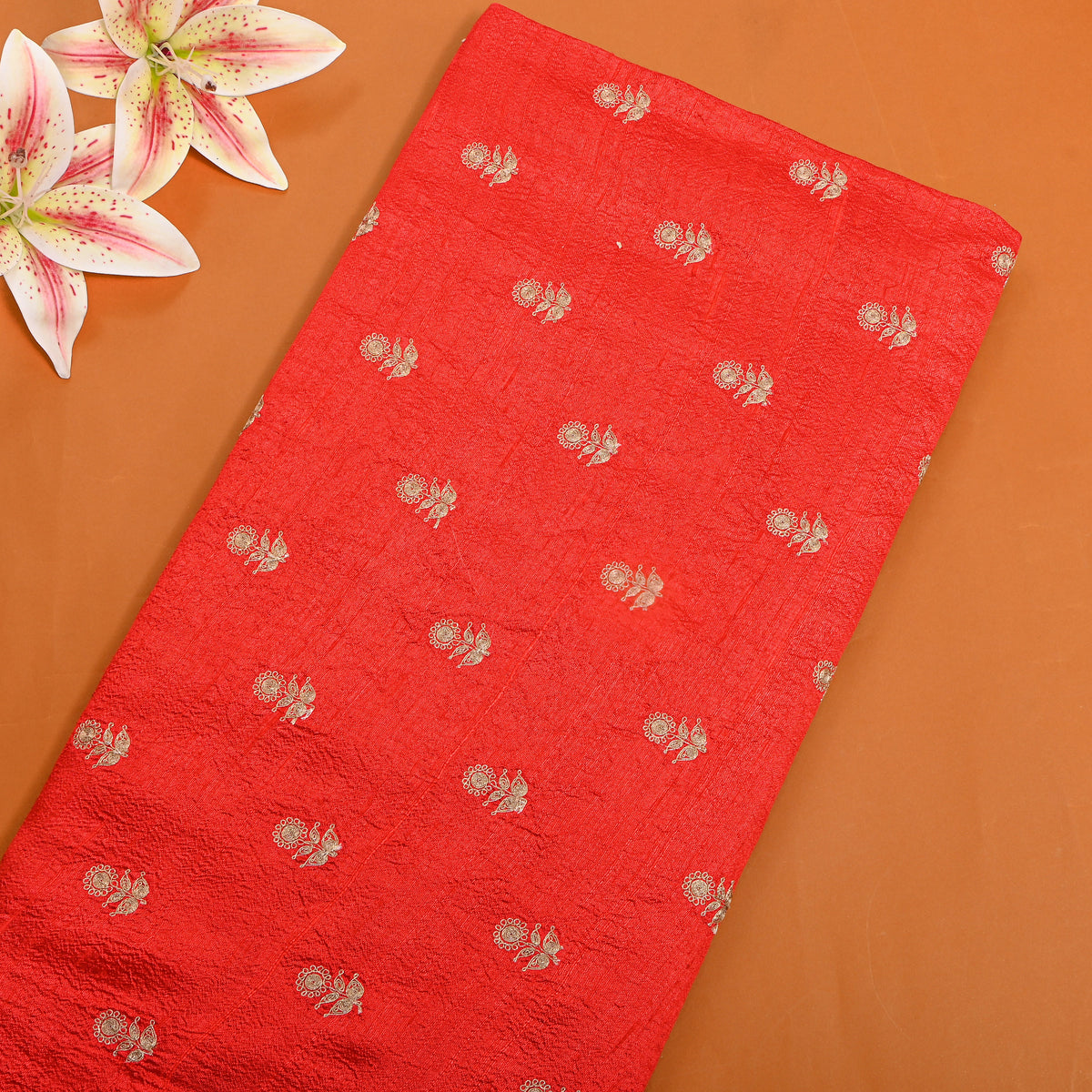 Red Zari Butti Embroidered Raw Silk