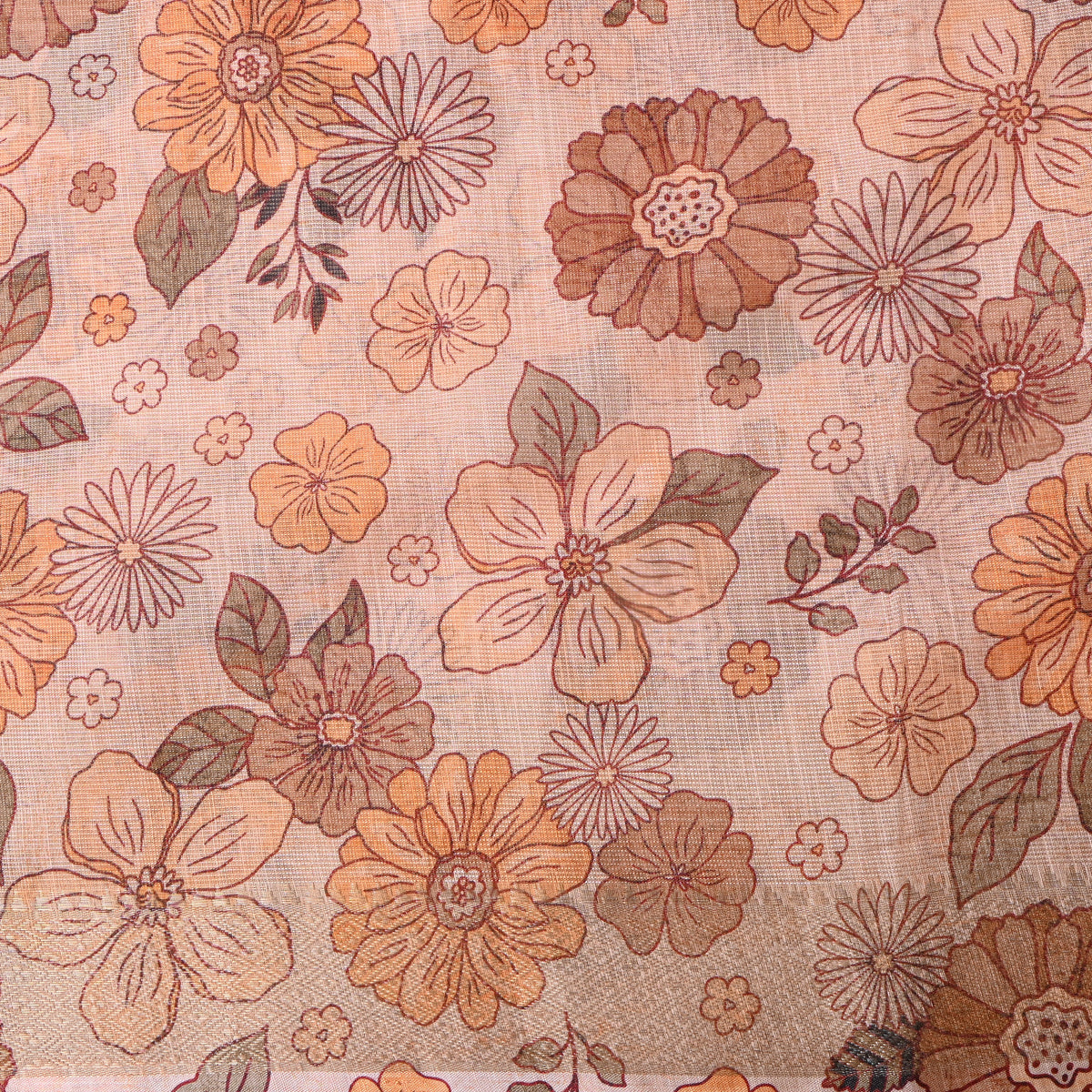 Sand Beige Daisy Print Gold Zari Border Tussar Silk Fabric