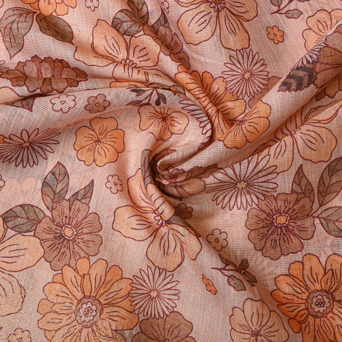 Sand Beige Daisy Print Gold Zari Border Tussar Silk Fabric