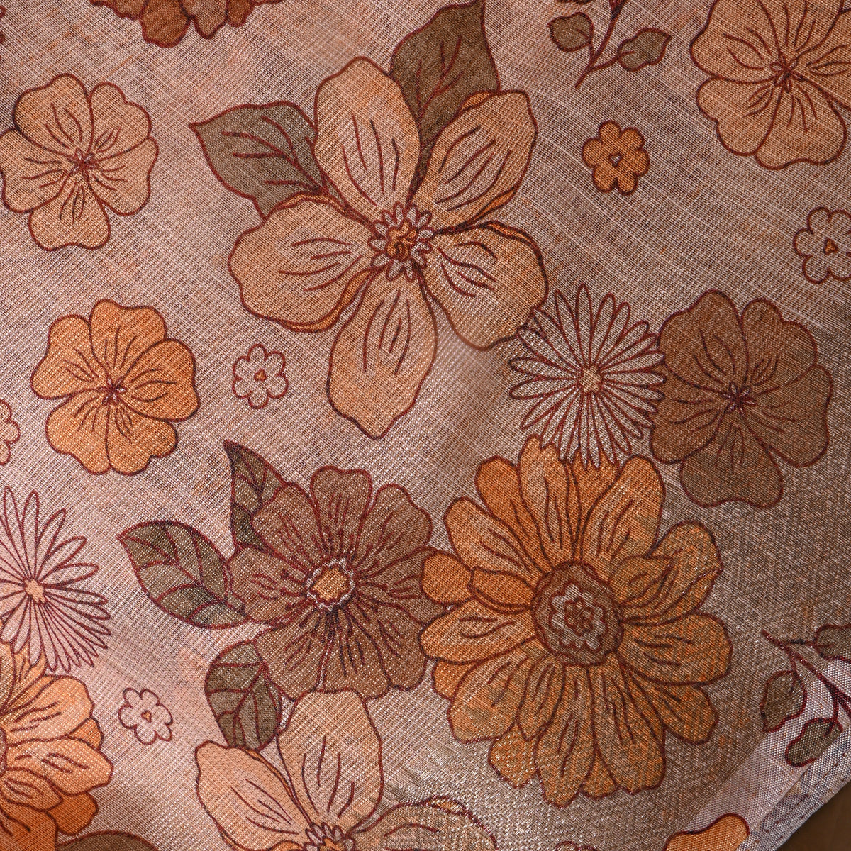 Sand Beige Daisy Print Gold Zari Border Tussar Silk Fabric