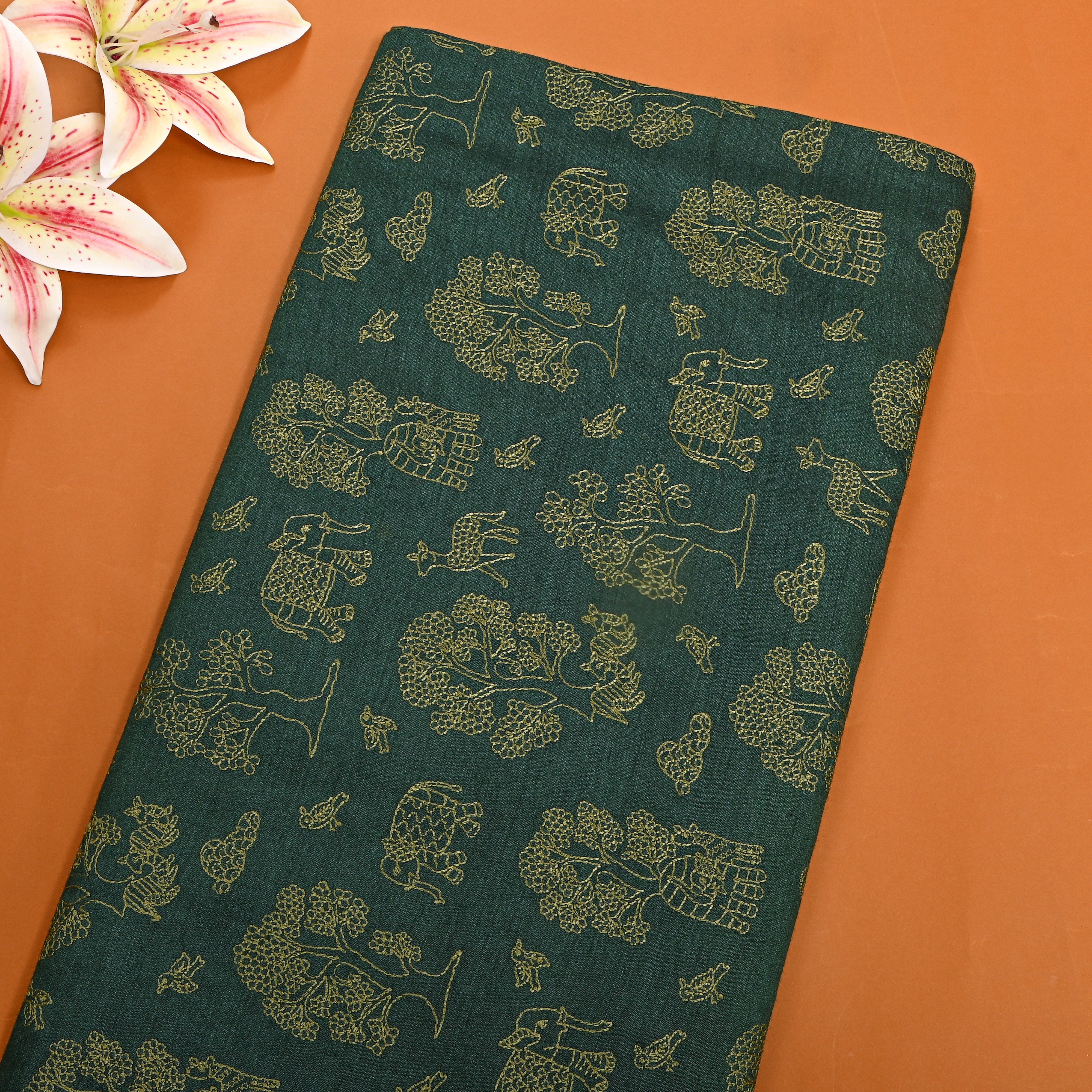 Dark Olive Green Shikargah Embroidery Silk Fabric