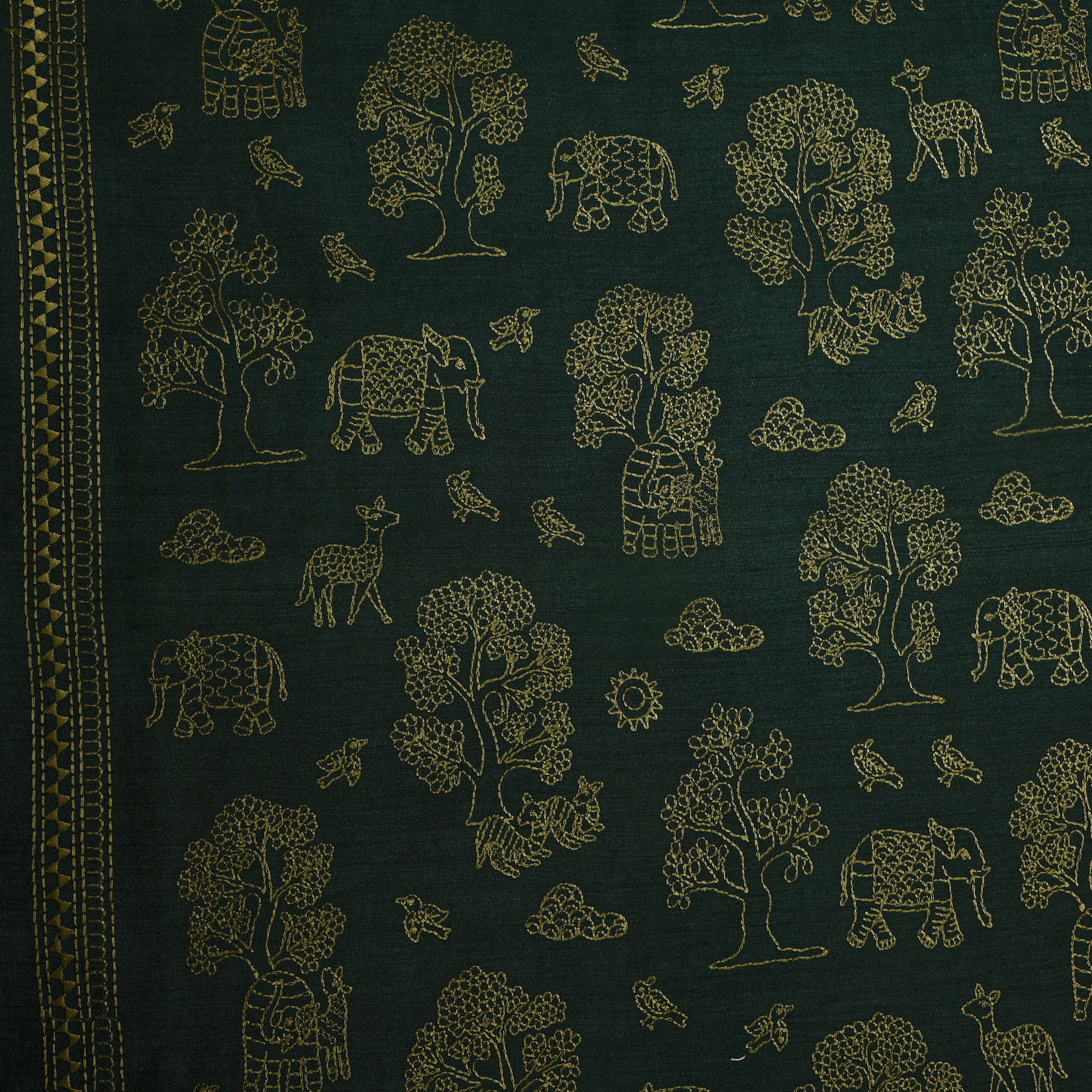 Dark Olive Green Shikargah Embroidery Silk Fabric