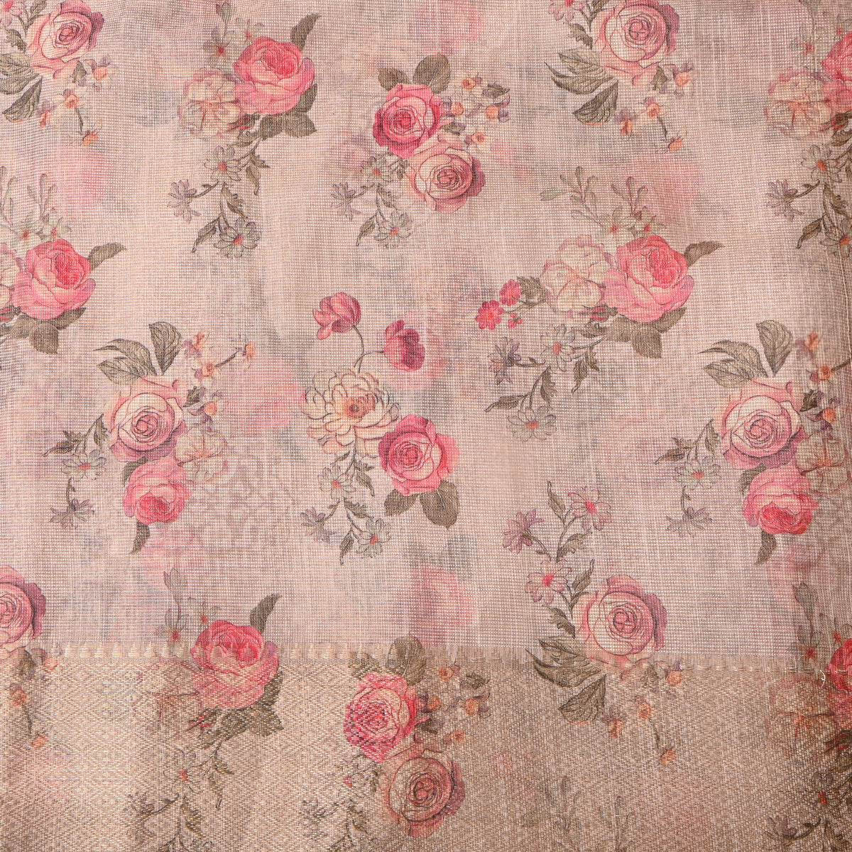 Oatmeal Beige Rose Bunch Print Tussar Silk Fabric
