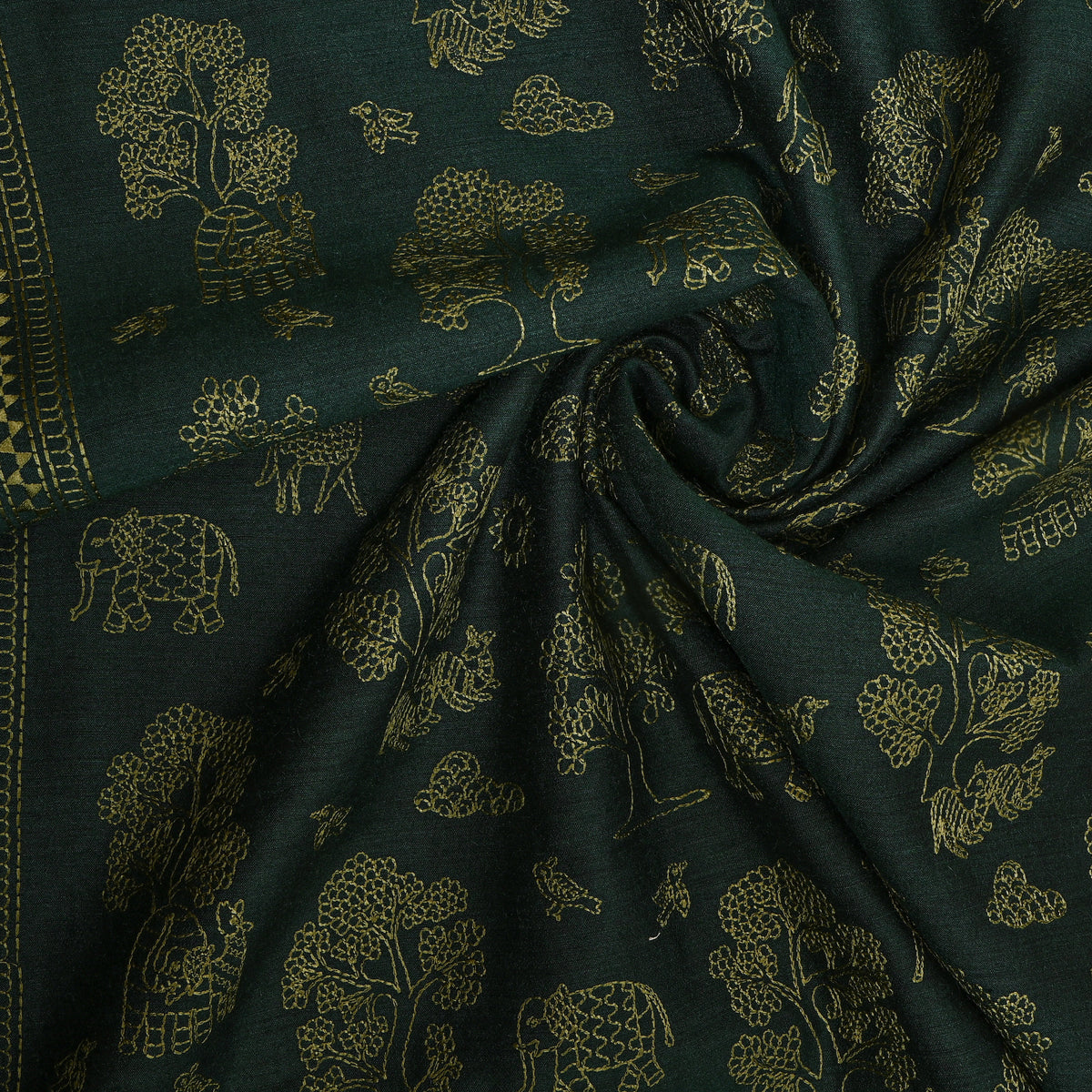 Dark Olive Green Shikargah Embroidery Silk Fabric