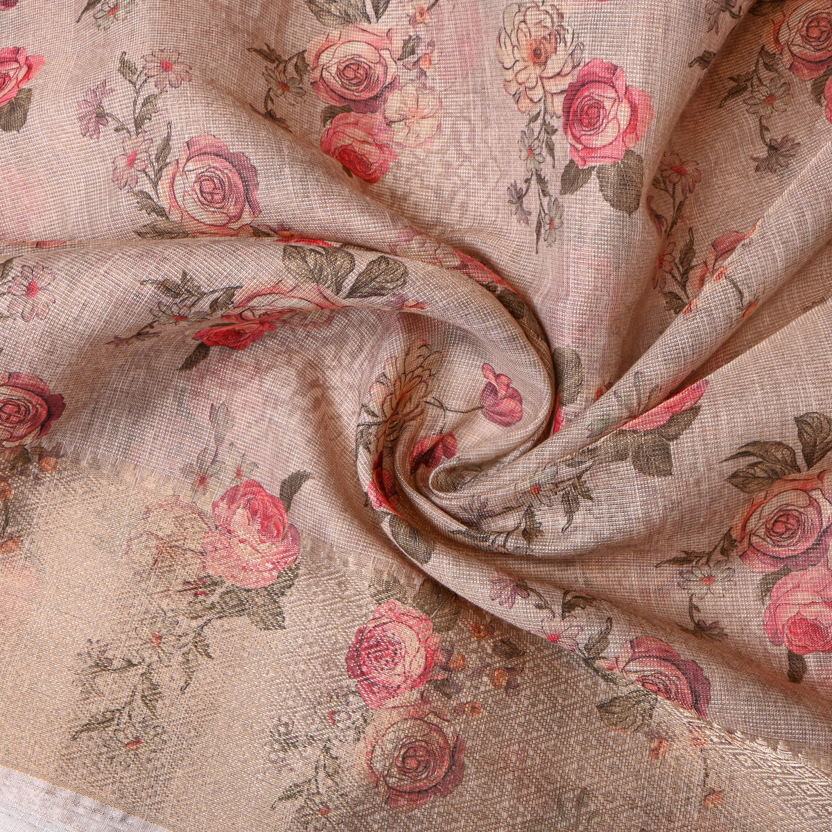 Oatmeal Beige Rose Bunch Print Tussar Silk Fabric