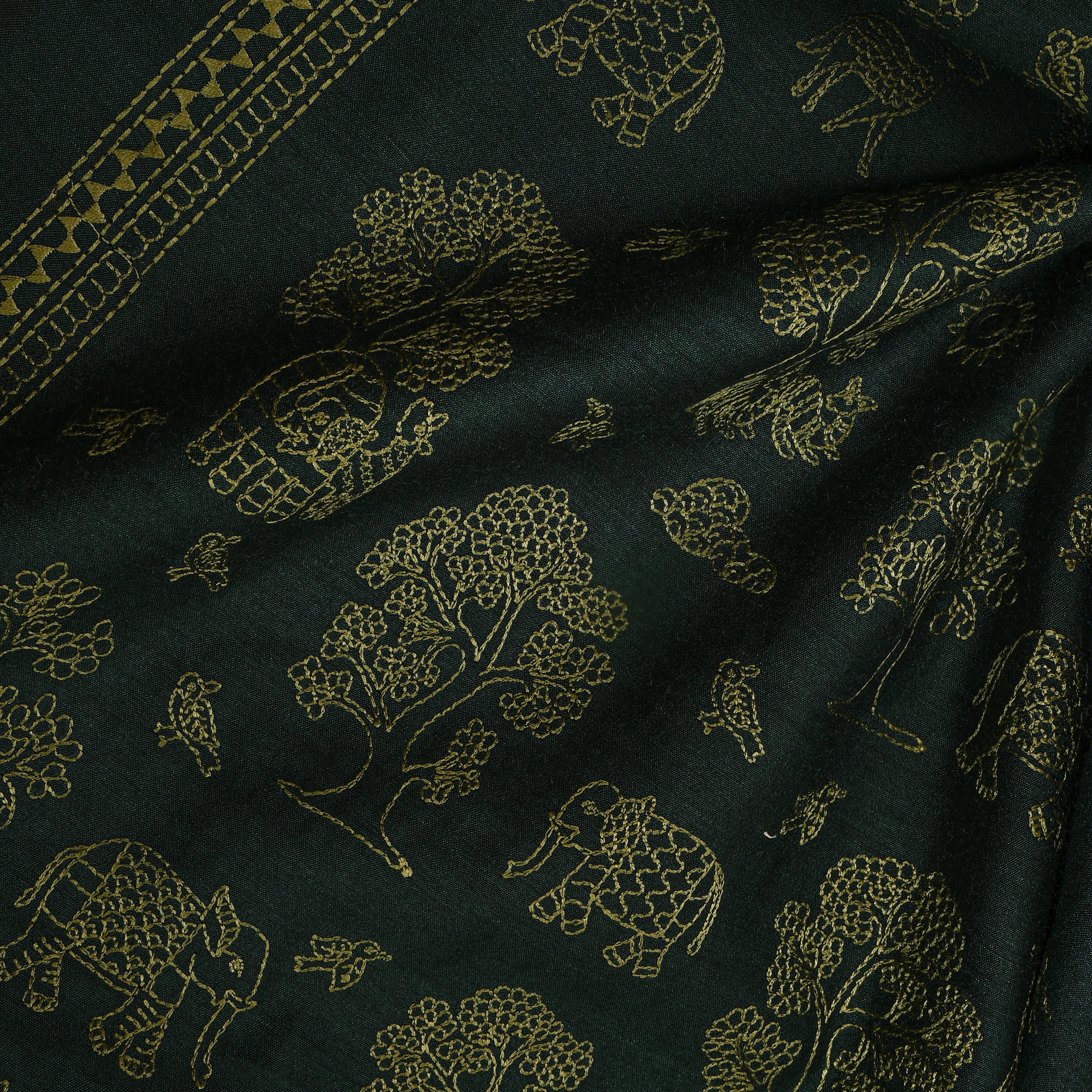 Dark Olive Green Shikargah Embroidery Silk Fabric