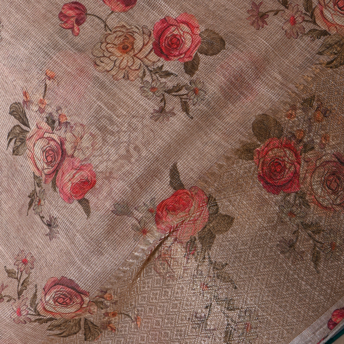 Oatmeal Beige Rose Bunch Print Tussar Silk Fabric