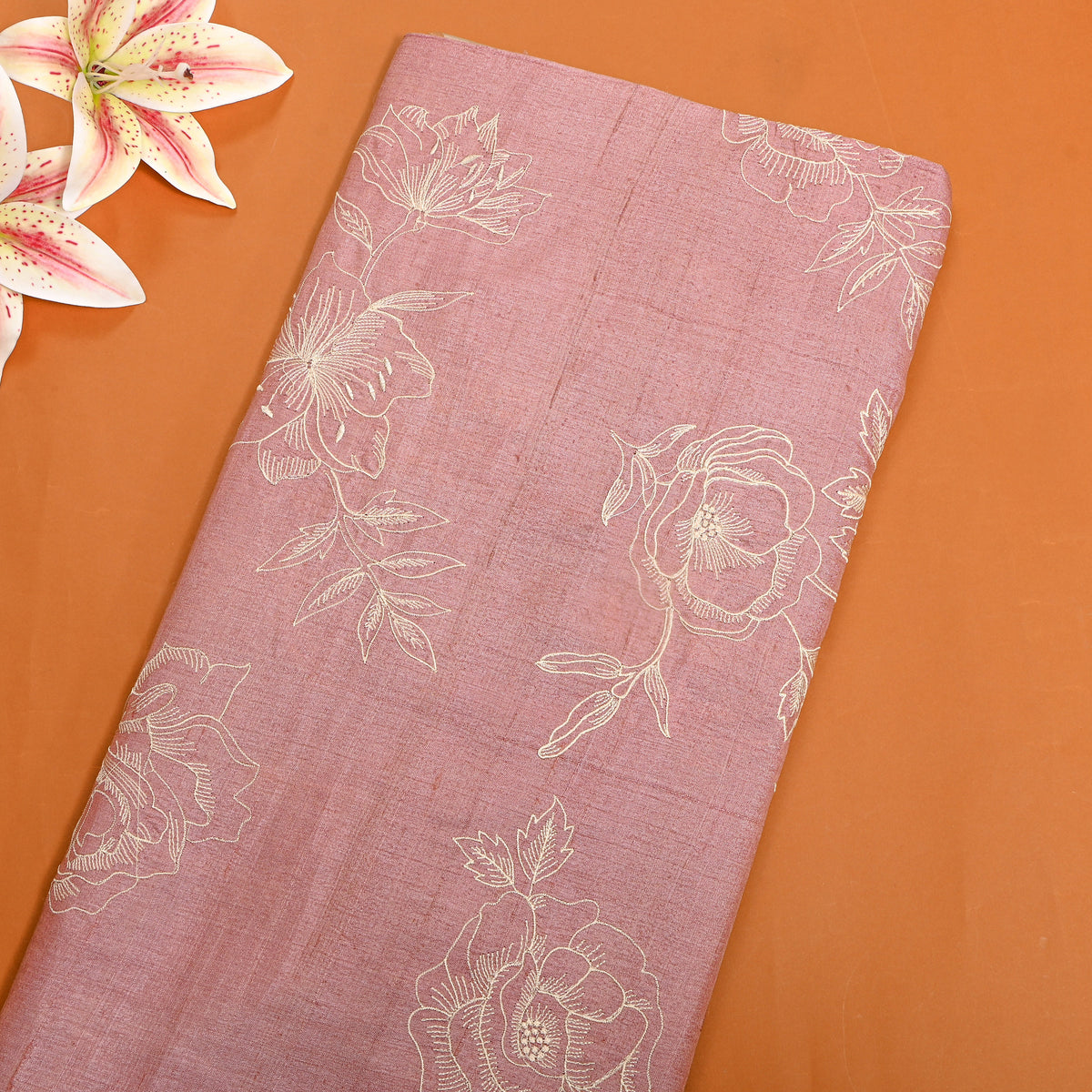 Light Pink Floral Embroidery Tussar Fabric