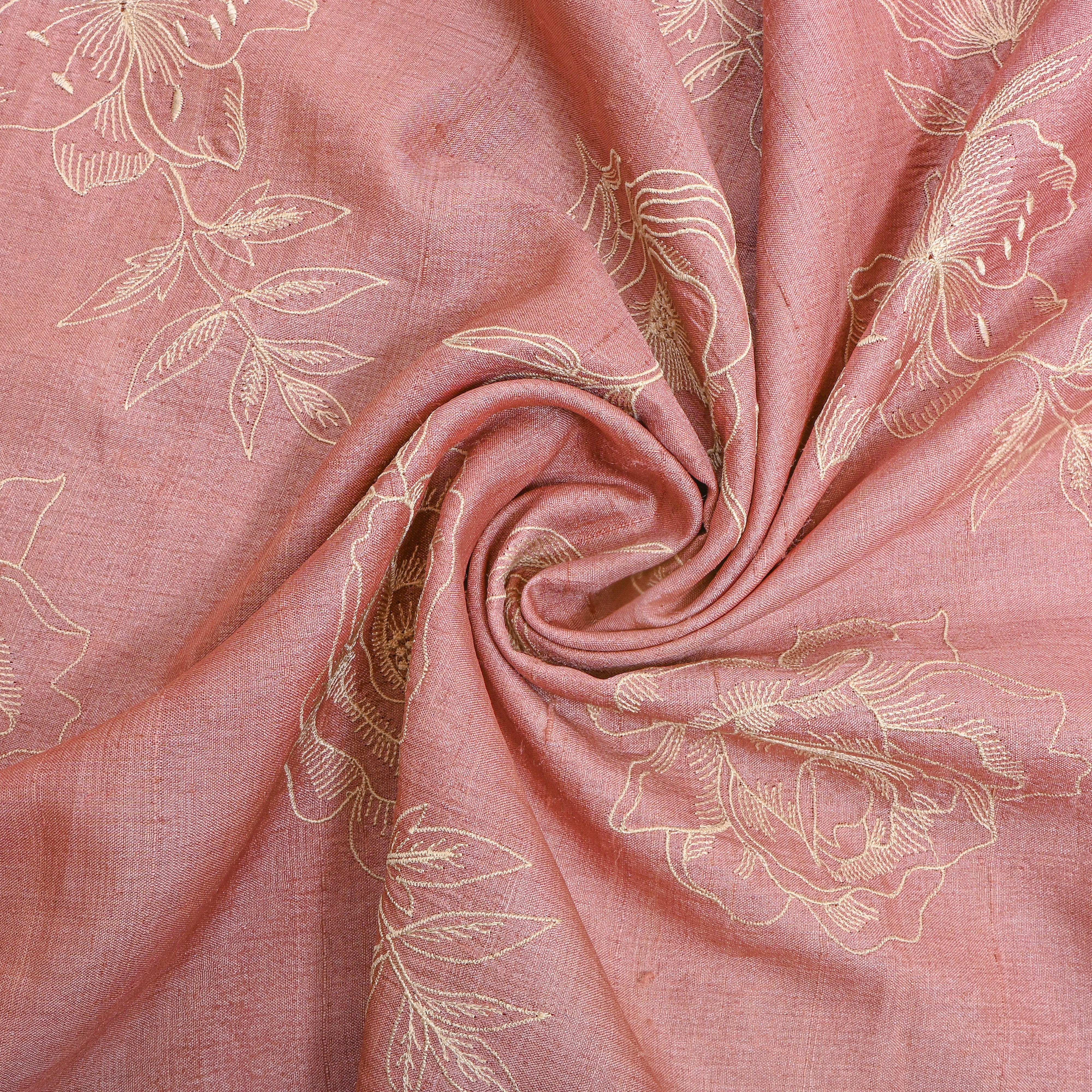Light Pink Floral Embroidery Tussar Fabric