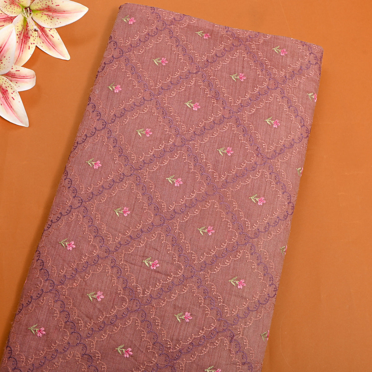 Dusty Pink Floral Embroidery Tussar Fabric