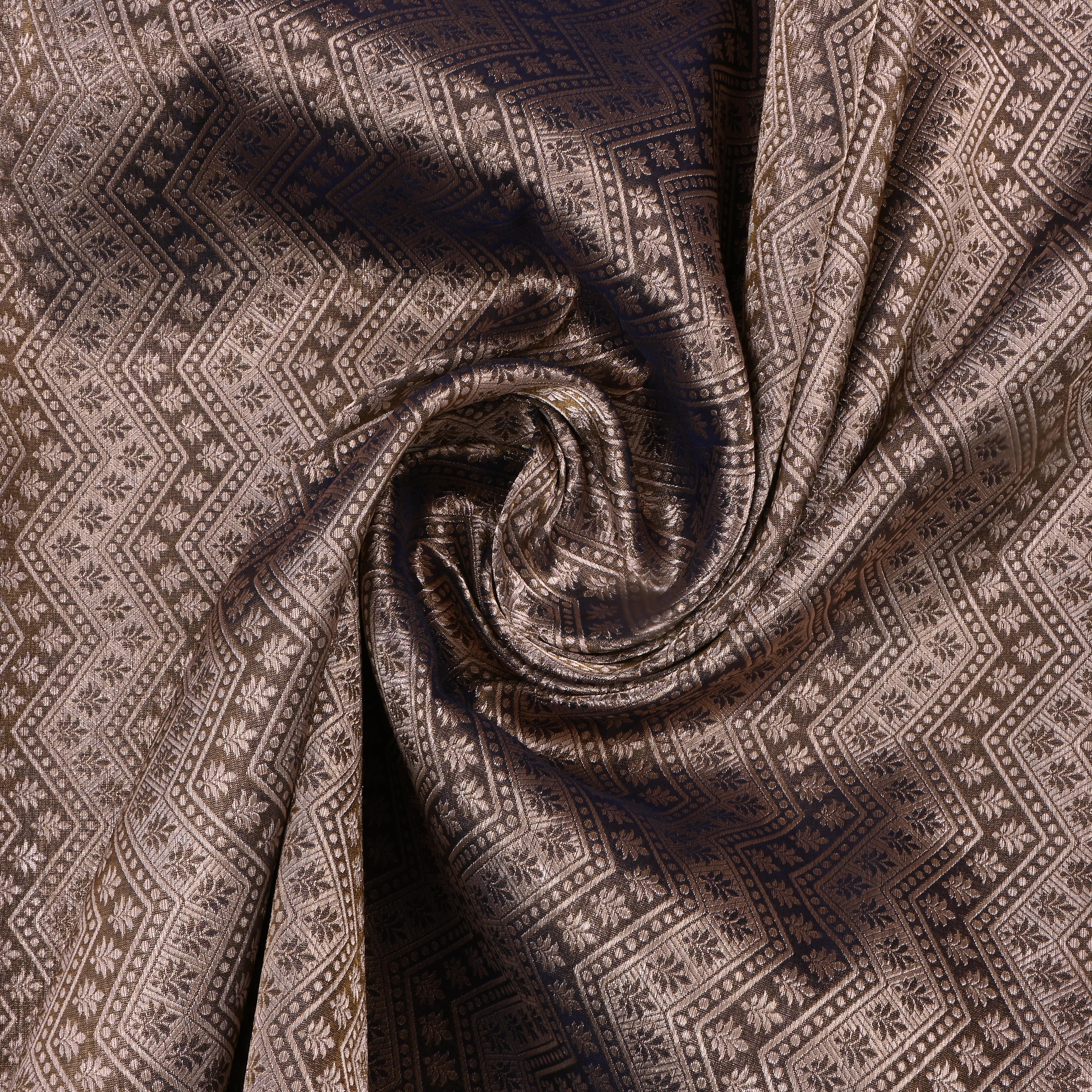 Brown Jamawar Silk Fabric With Zig-Zag Pattern